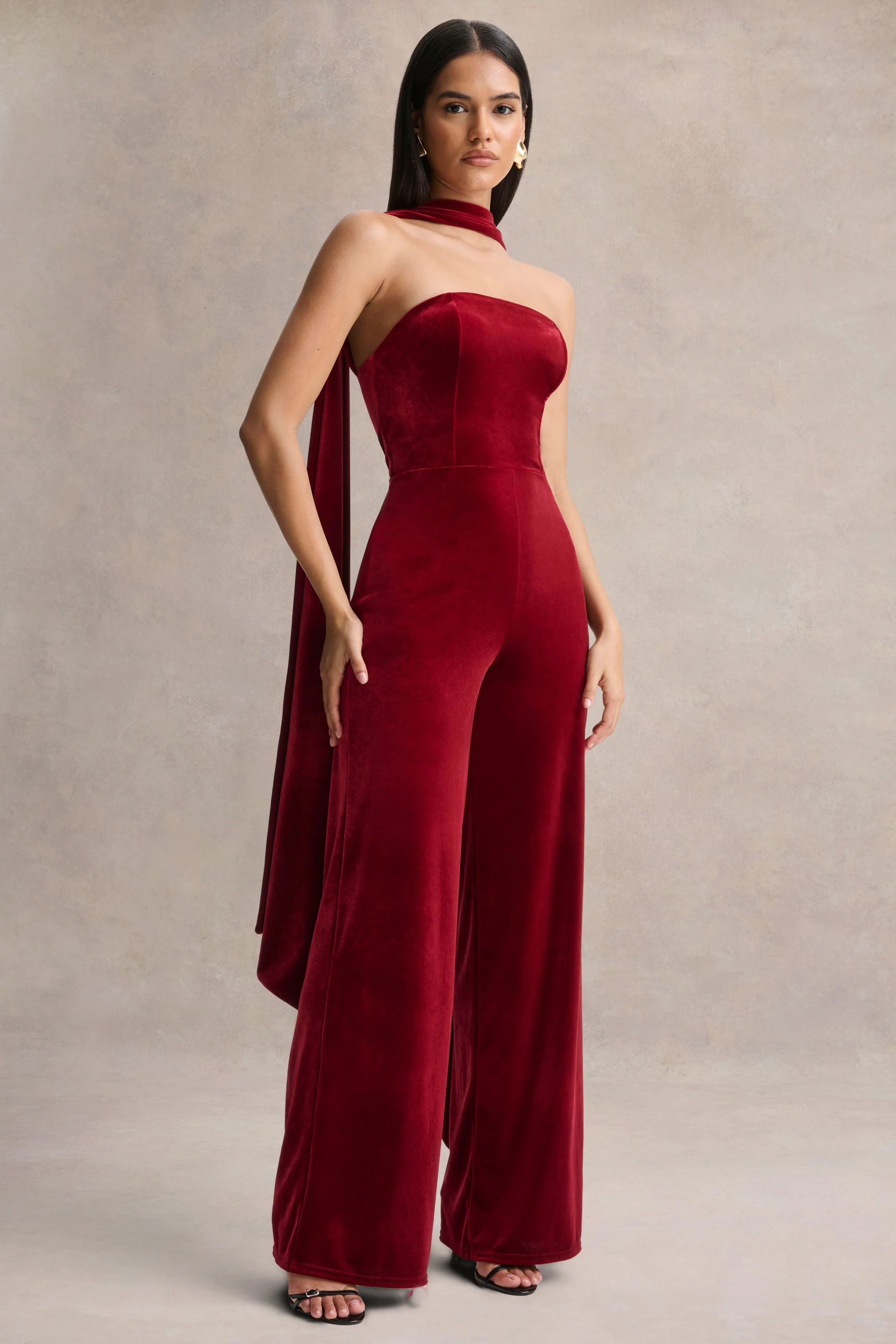 Arcane | Burgundy Velvet Bandeau Jumpsuit With Scarf - Image 5