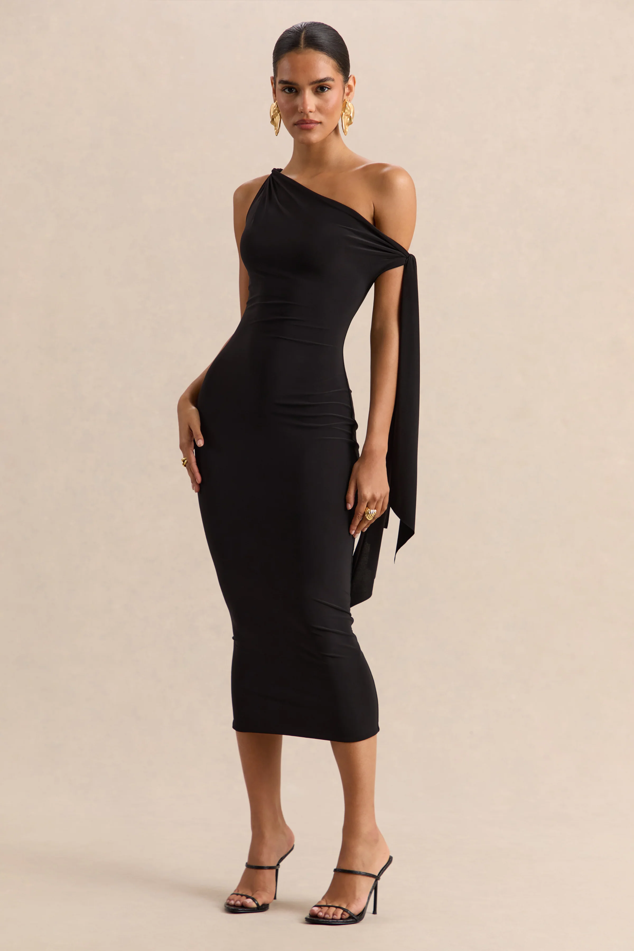 Arcelia | Black Asymmetric-Neck Midi Dress With Knot-Sleeve Detail - Image 4