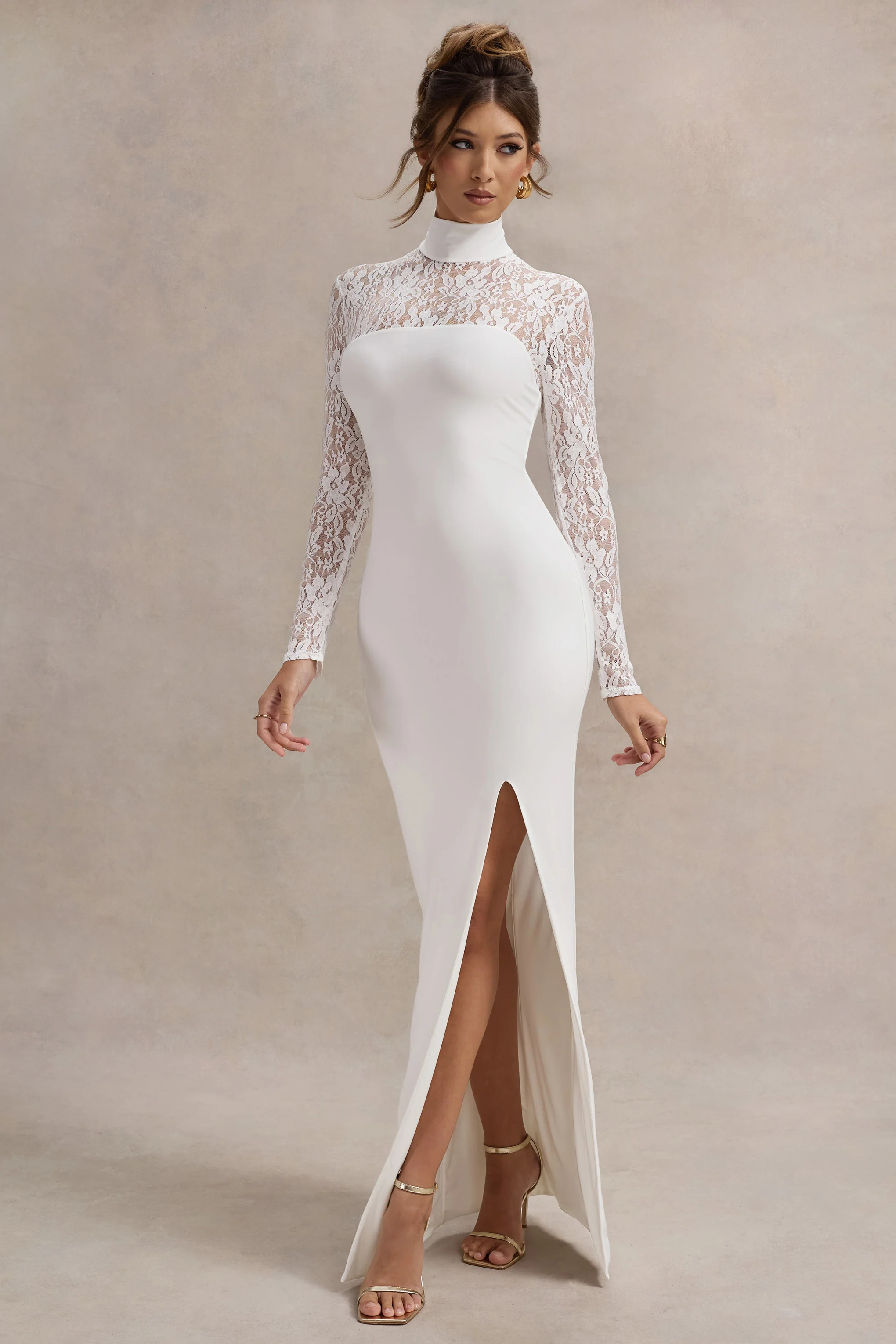 Arden | White High-Neck Split Maxi Dress With Lace Sleeves - Image 4