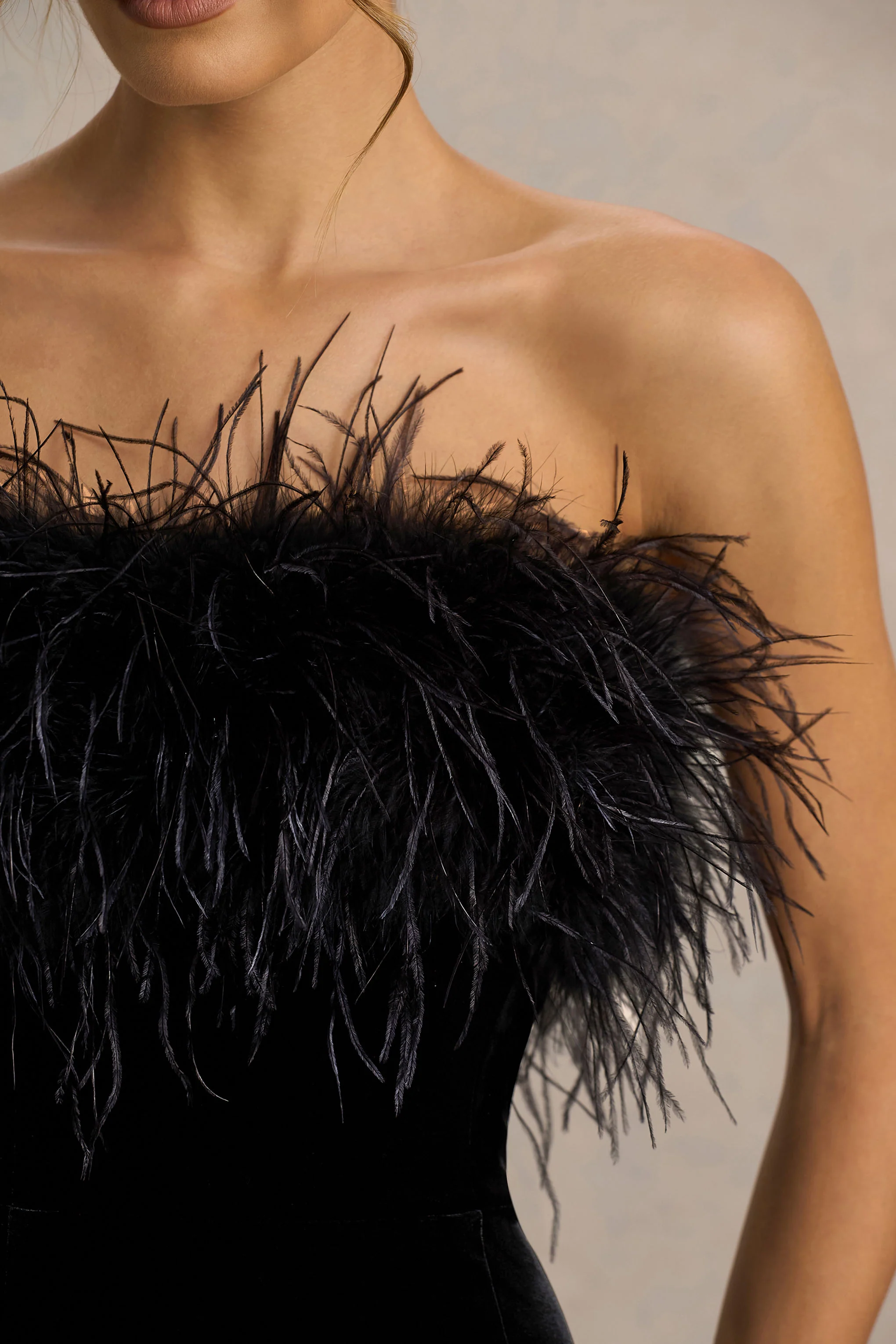 Arella | Black Velvet Bandeau Maxi Dress With Feather Trim - Image 3