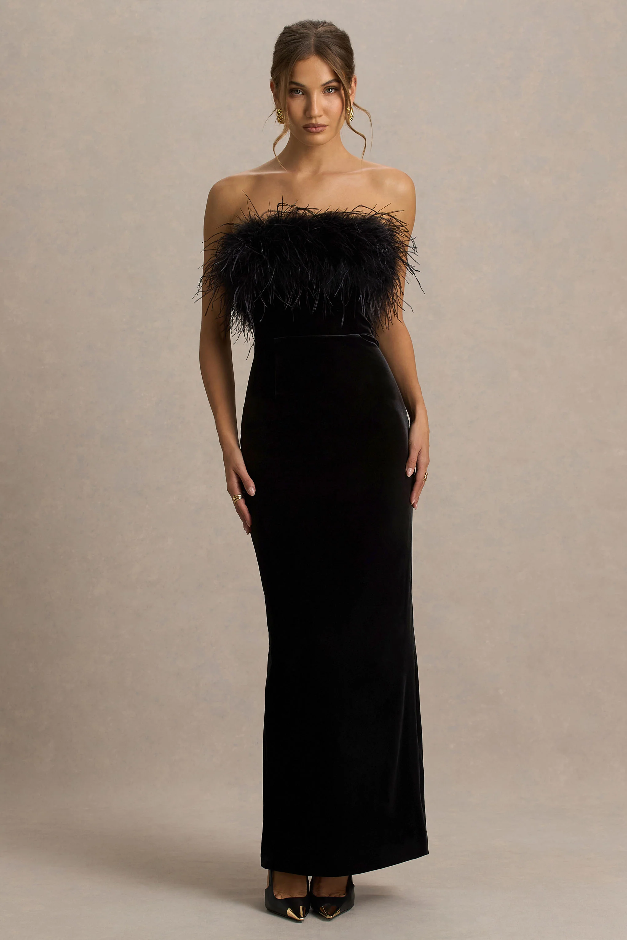 Arella | Black Velvet Bandeau Maxi Dress With Feather Trim - Image 4