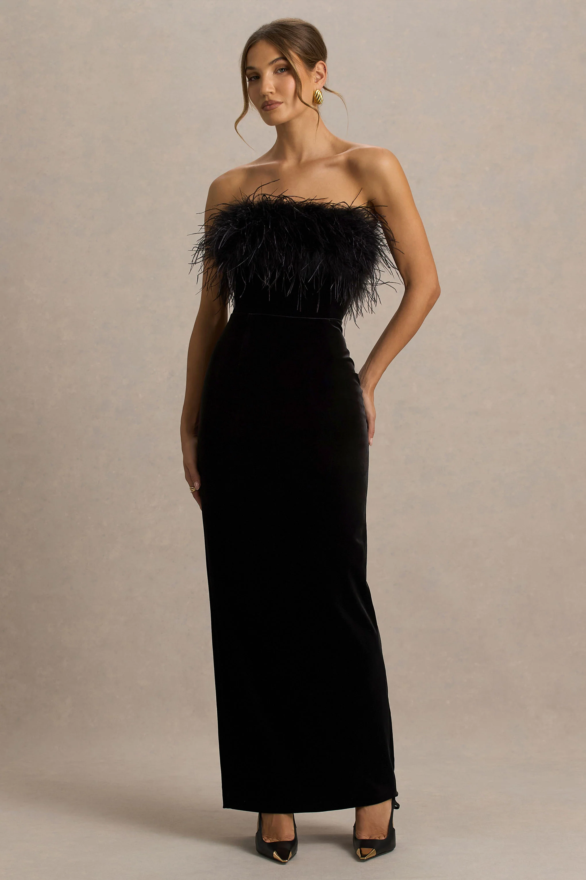 Arella | Black Velvet Bandeau Maxi Dress With Feather Trim - Image 5