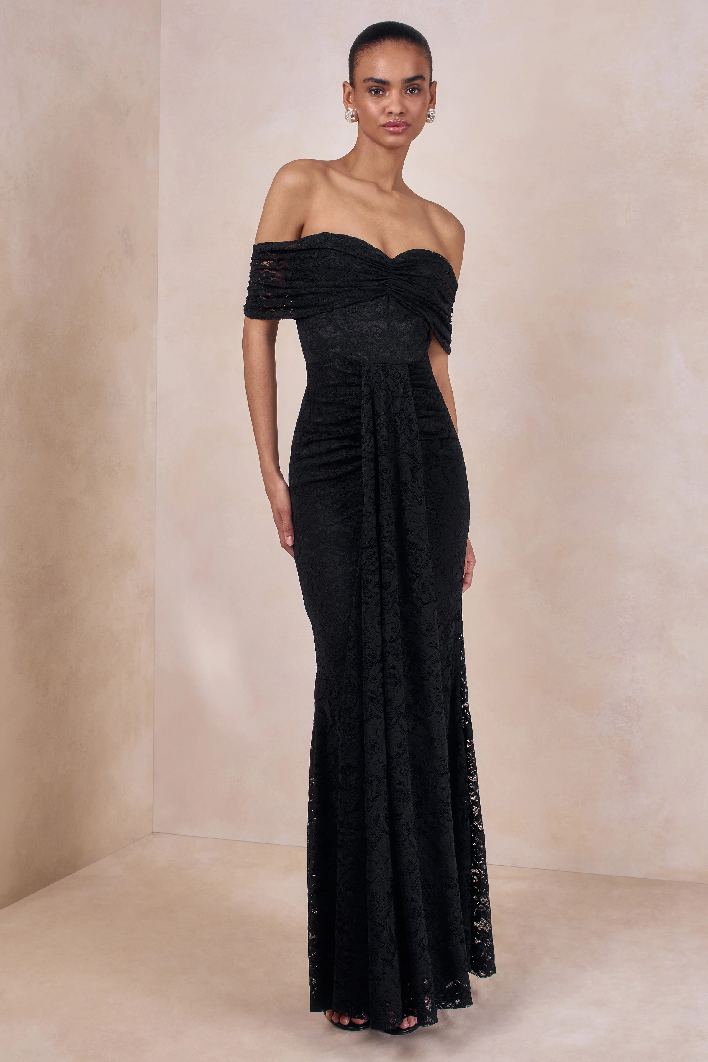 Aries | Black Lace Bardot-Neck Maxi Dress With Gathered Detailing - Image 4