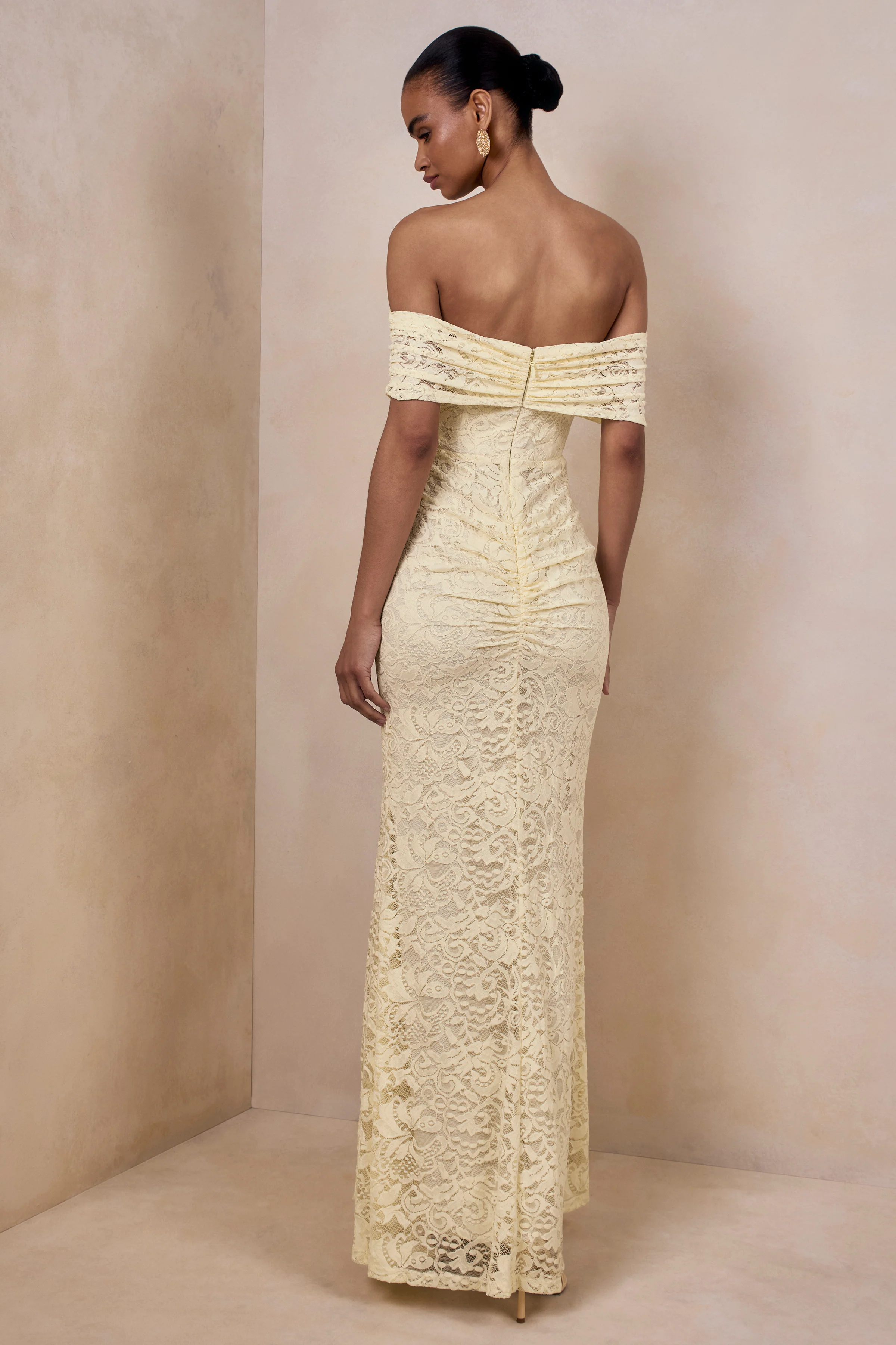 Aries | Lemon Lace Bardot-Neck Maxi Dress With Gathered Detailing - Image 2