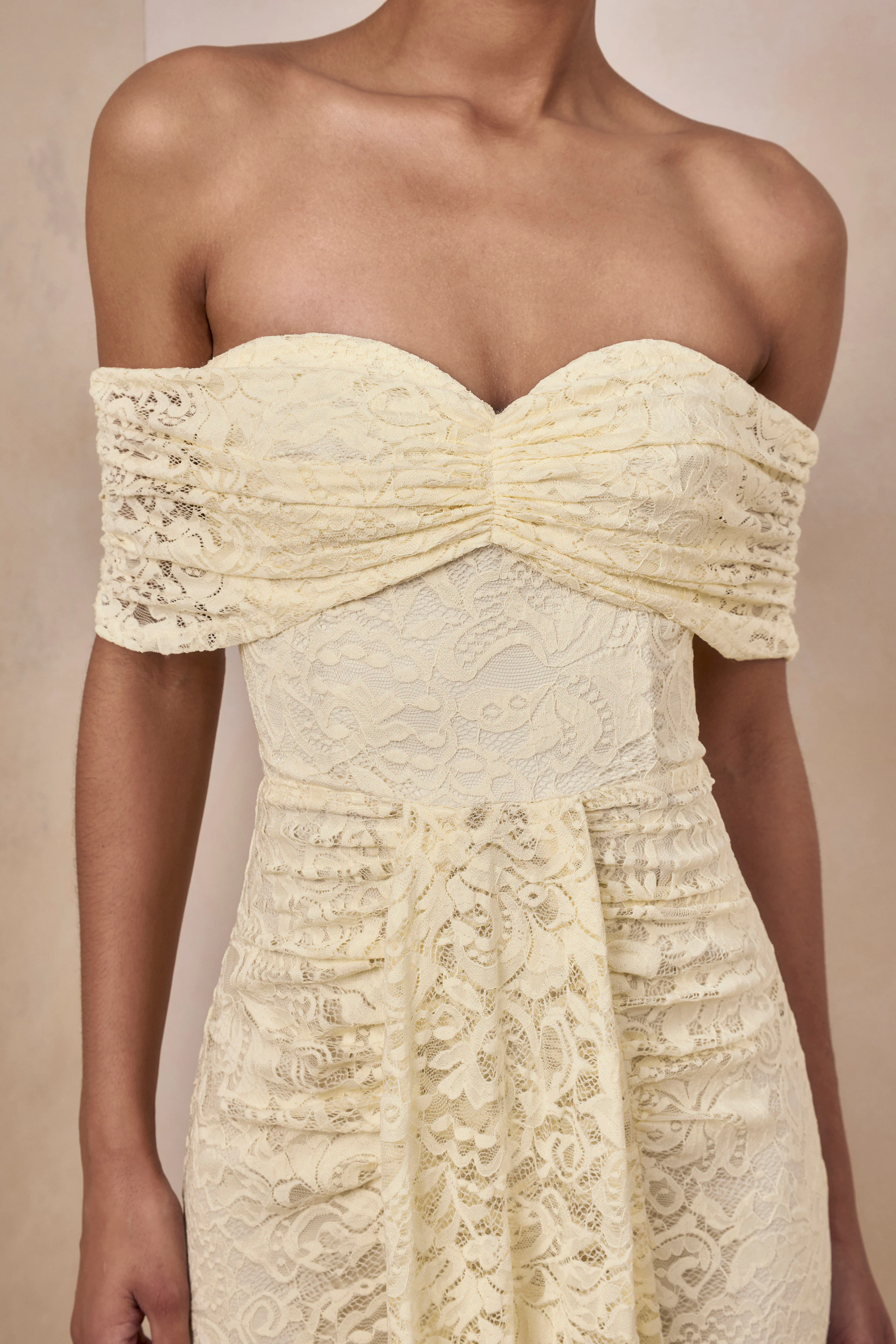 Aries | Lemon Lace Bardot-Neck Maxi Dress With Gathered Detailing - Image 3