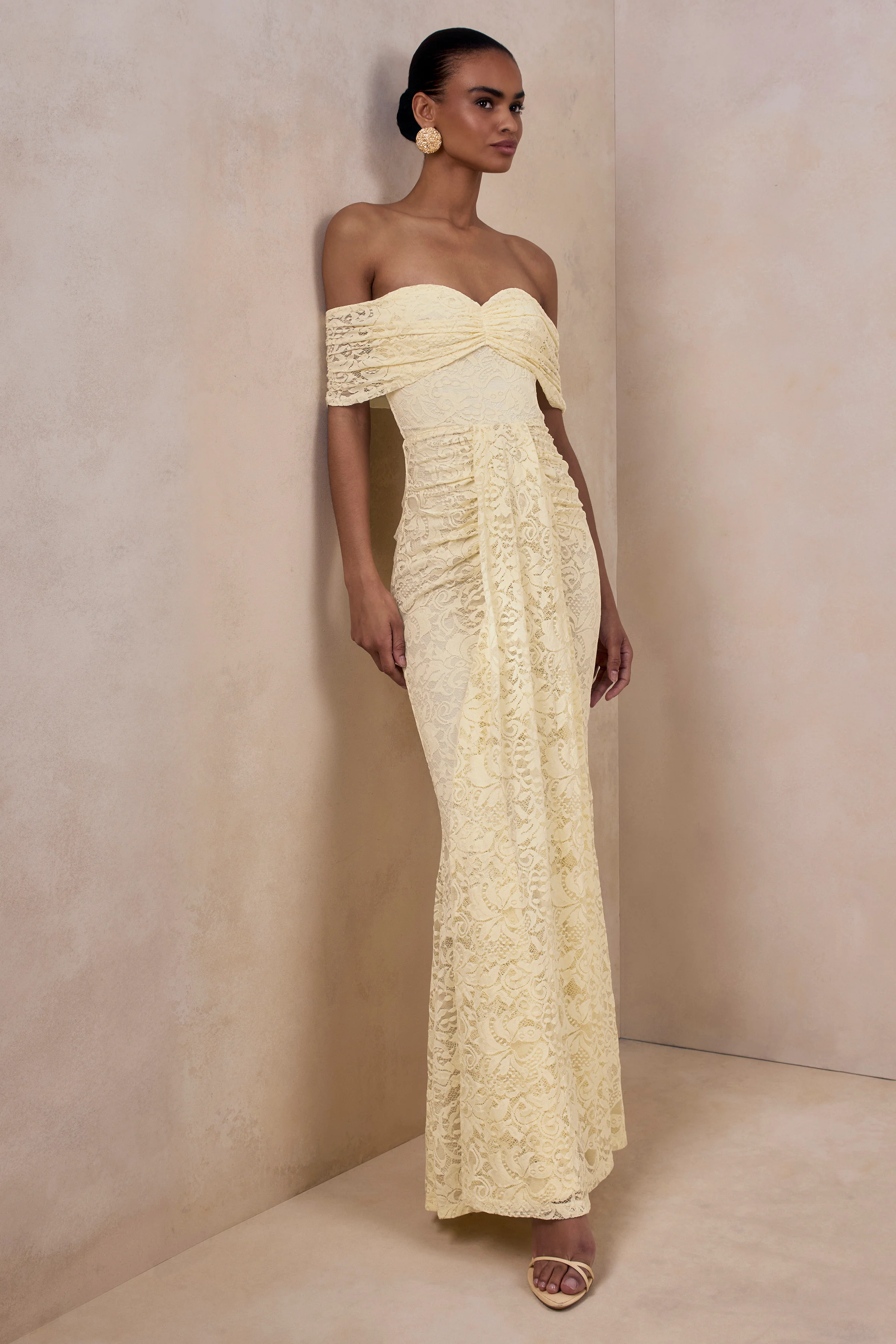 Aries | Lemon Lace Bardot-Neck Maxi Dress With Gathered Detailing - Image 4