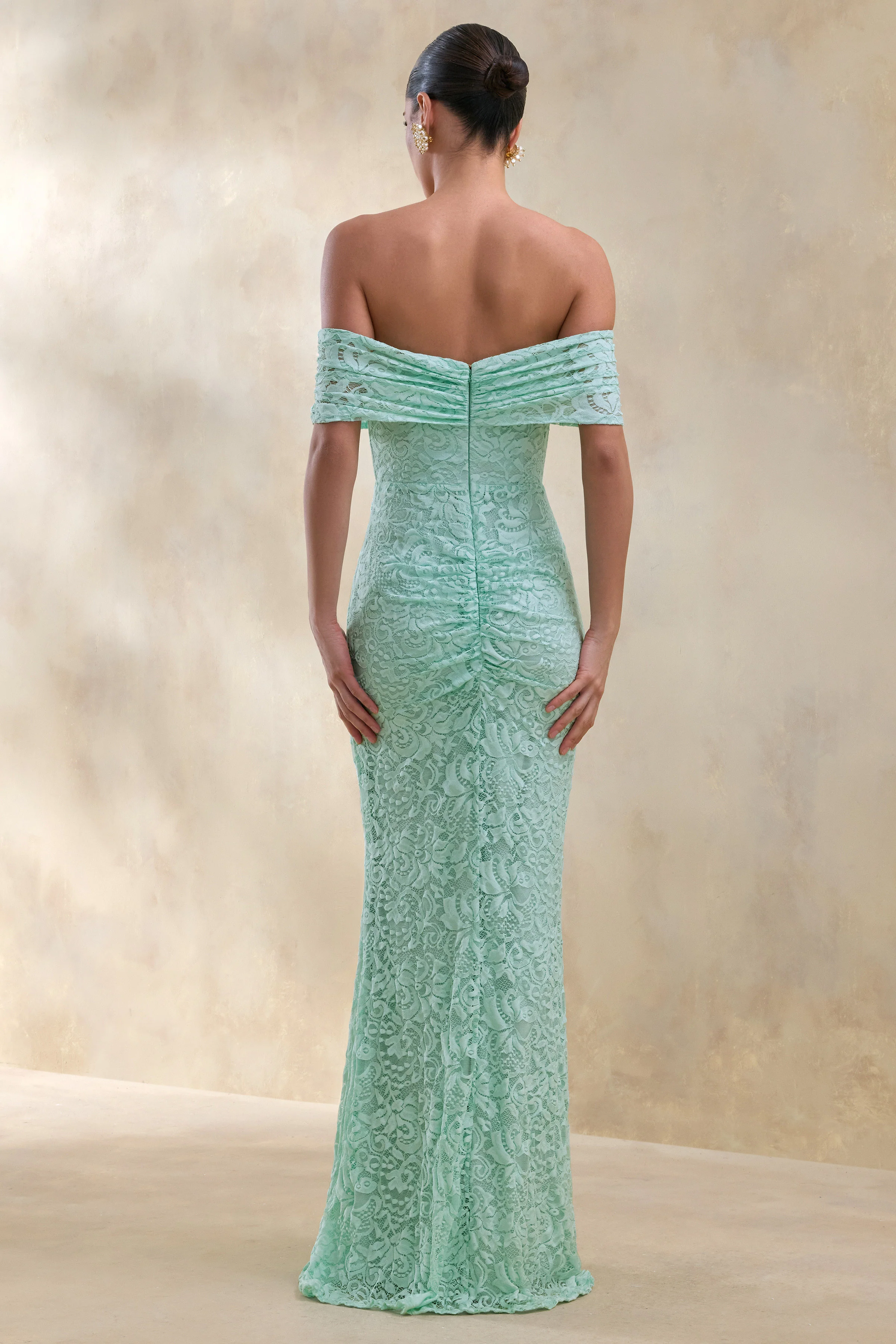 Aries | Mint Lace Bardot-Neck Maxi Dress With Gathered Detailing - Image 2