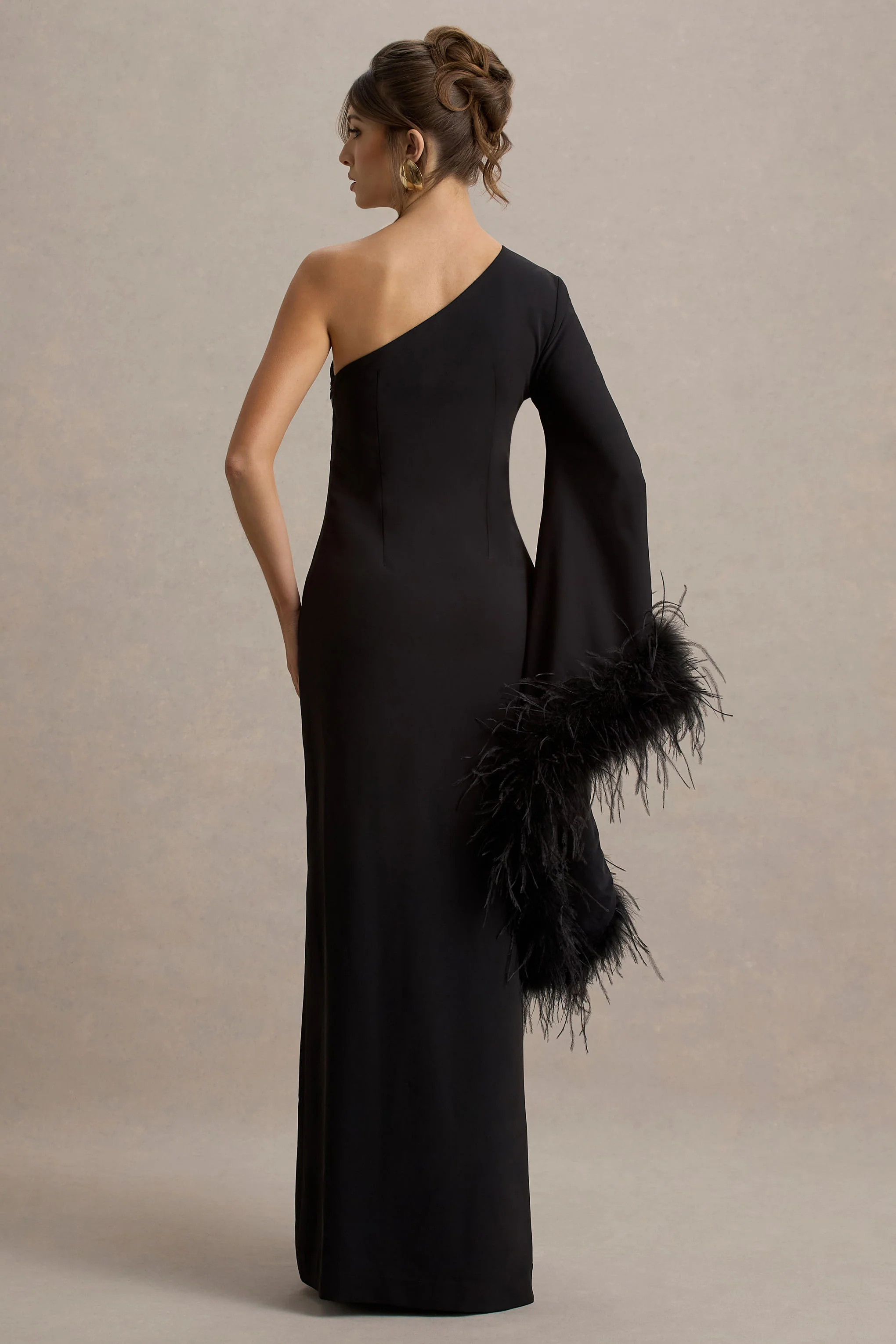 Armina | Black One-Shoulder Feather-Trim Maxi Dress - Image 2