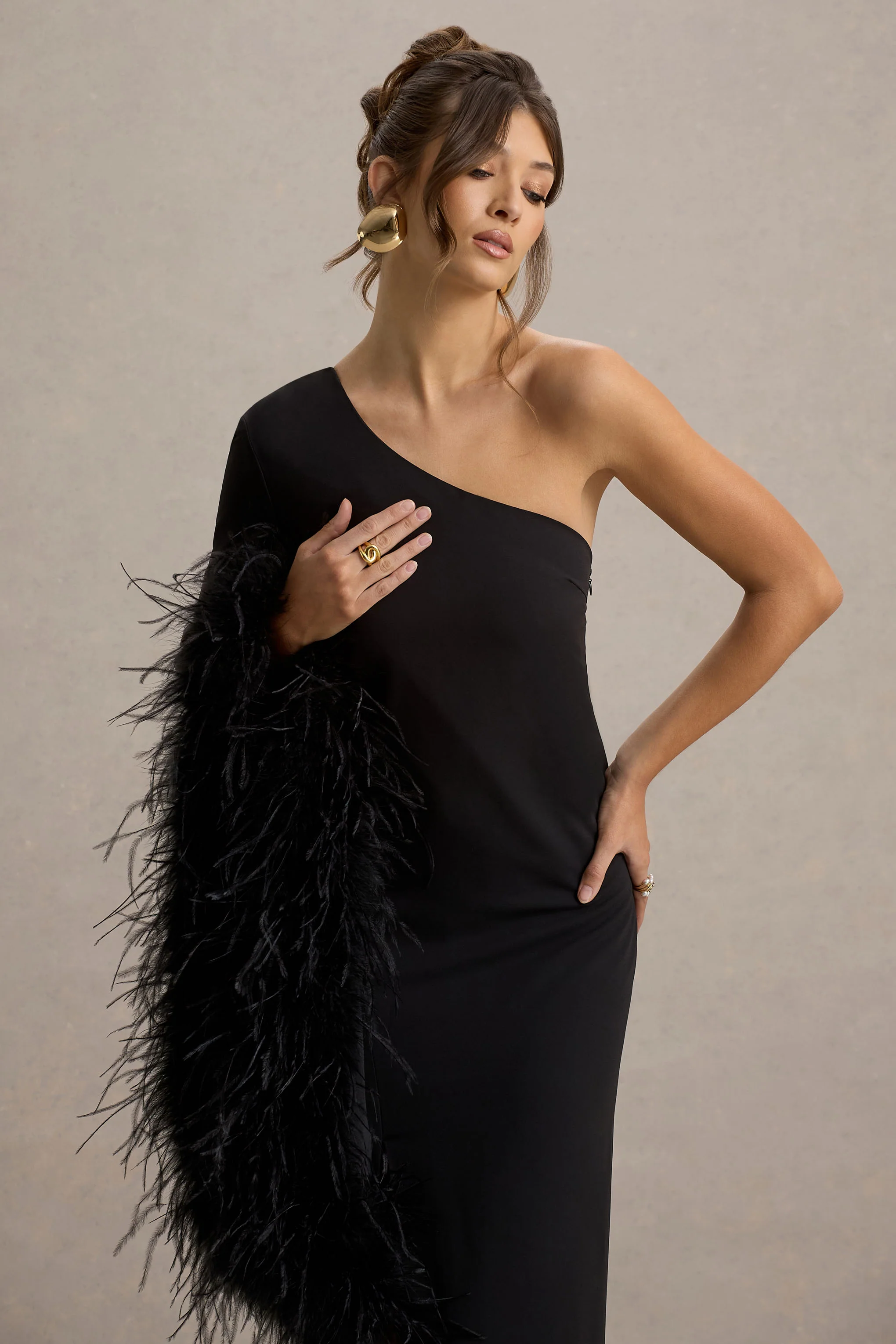Armina | Black One-Shoulder Feather-Trim Maxi Dress - Image 3