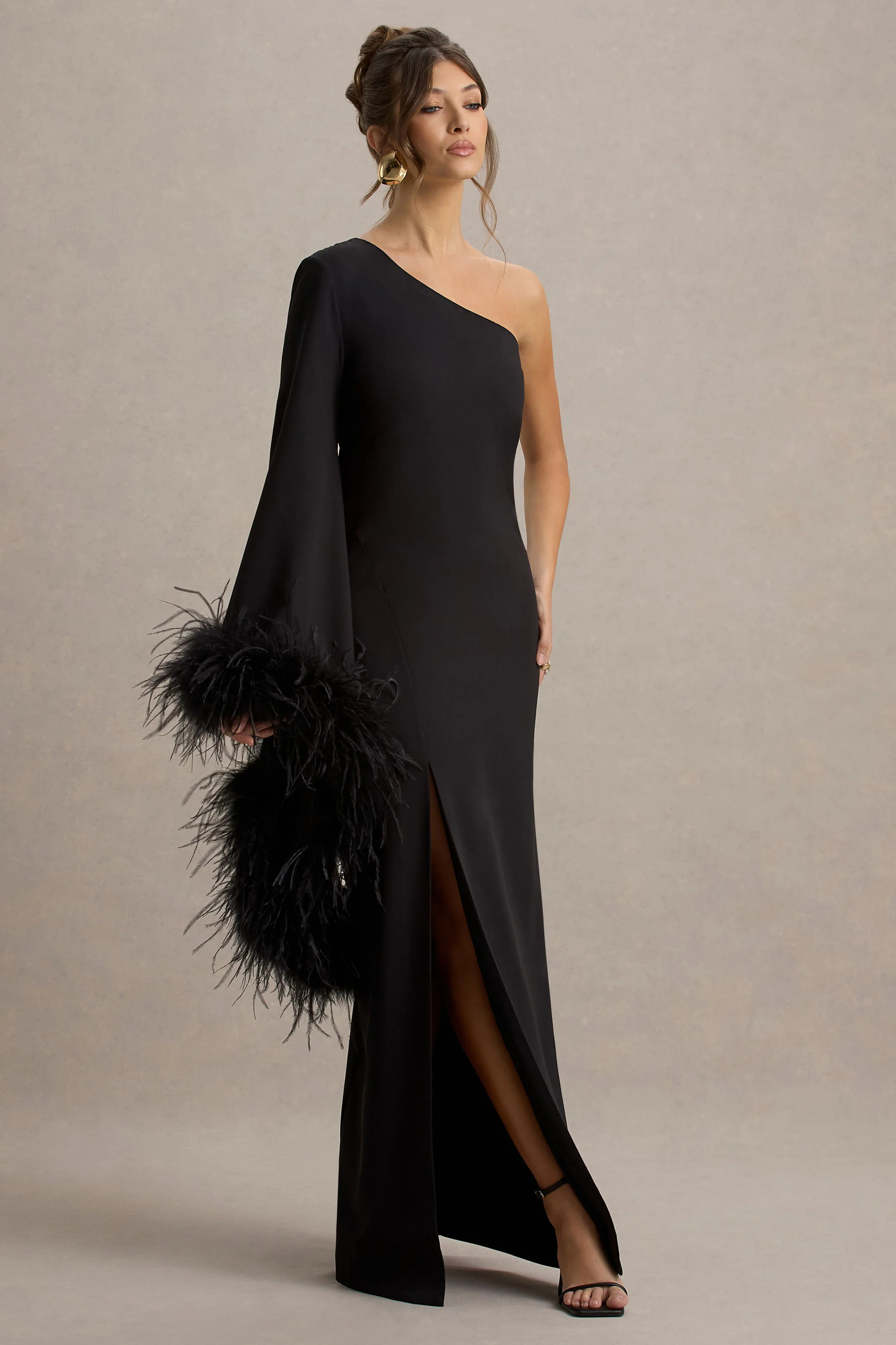 Armina | Black One-Shoulder Feather-Trim Maxi Dress - Image 4