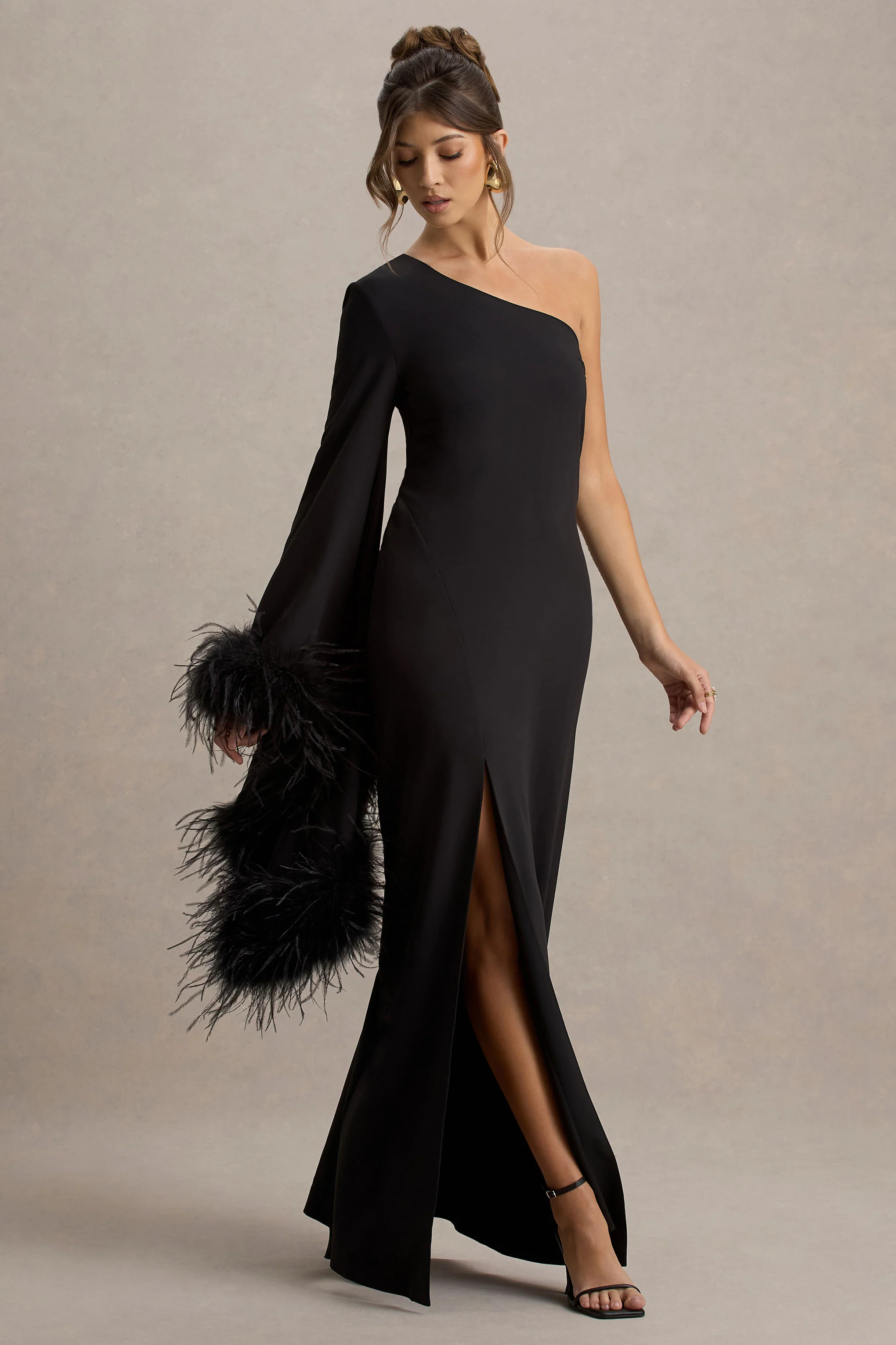 Armina | Black One-Shoulder Feather-Trim Maxi Dress - Image 5