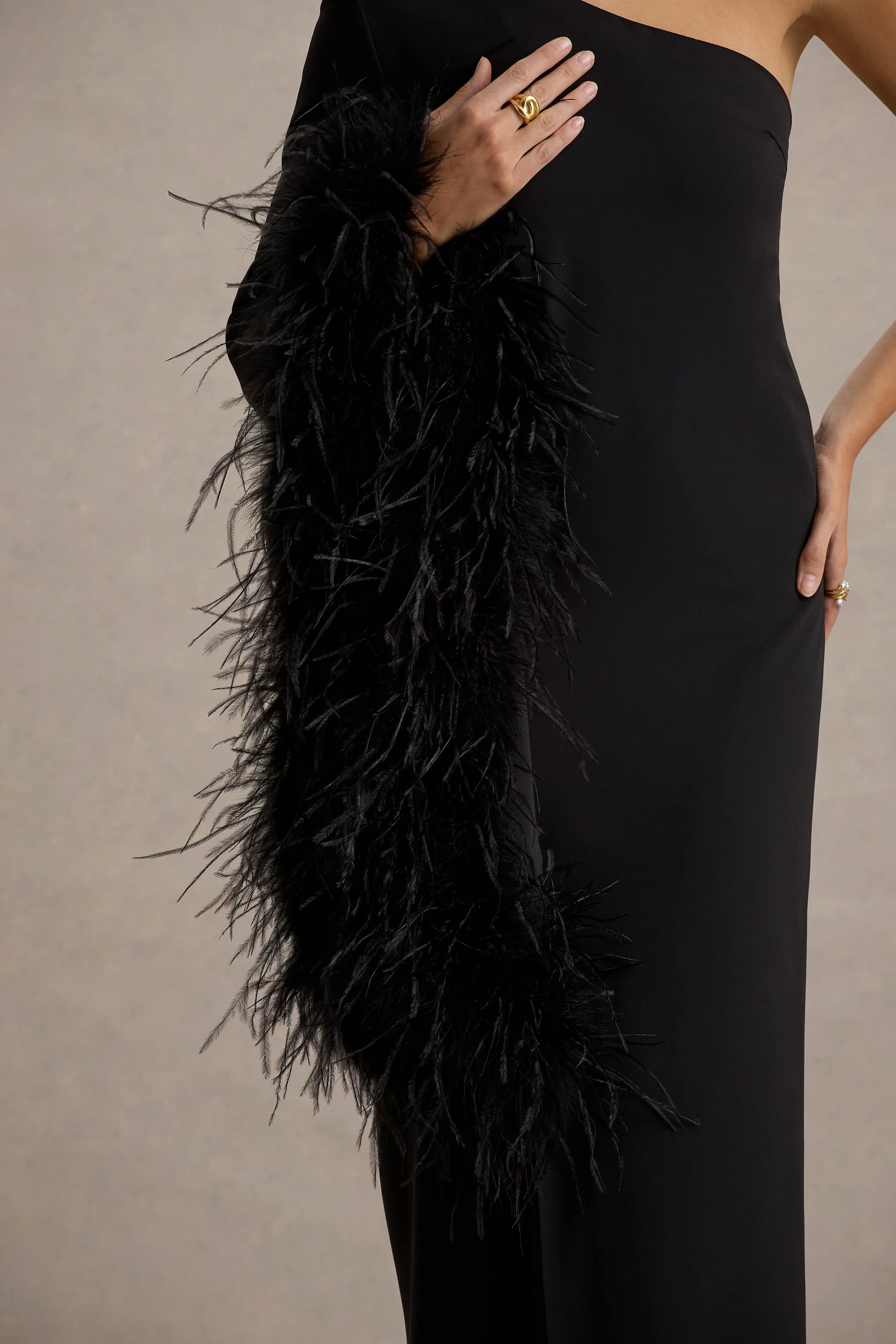 Armina | Black One-Shoulder Feather-Trim Maxi Dress - Image 6