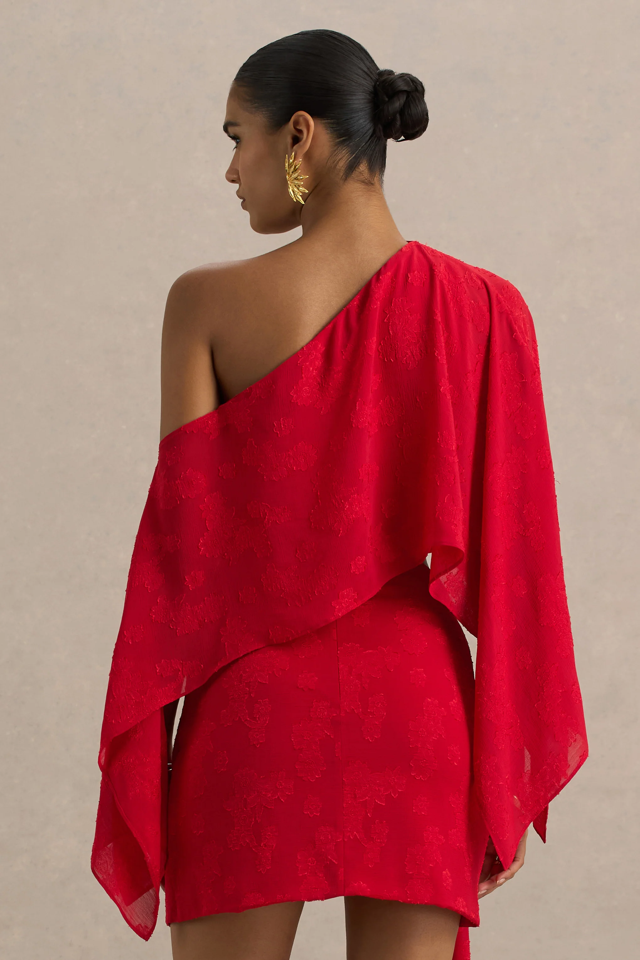 Aruba | Red Satin Devore Asymmetric Long-Sleeve Crop Top - Image 2