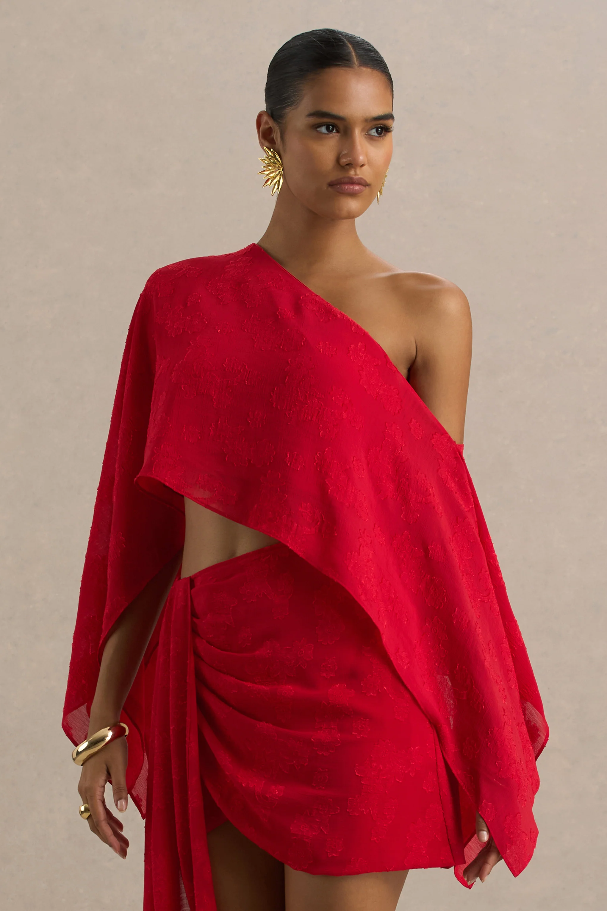 Aruba | Red Satin Devore Asymmetric Long-Sleeve Crop Top - Image 3