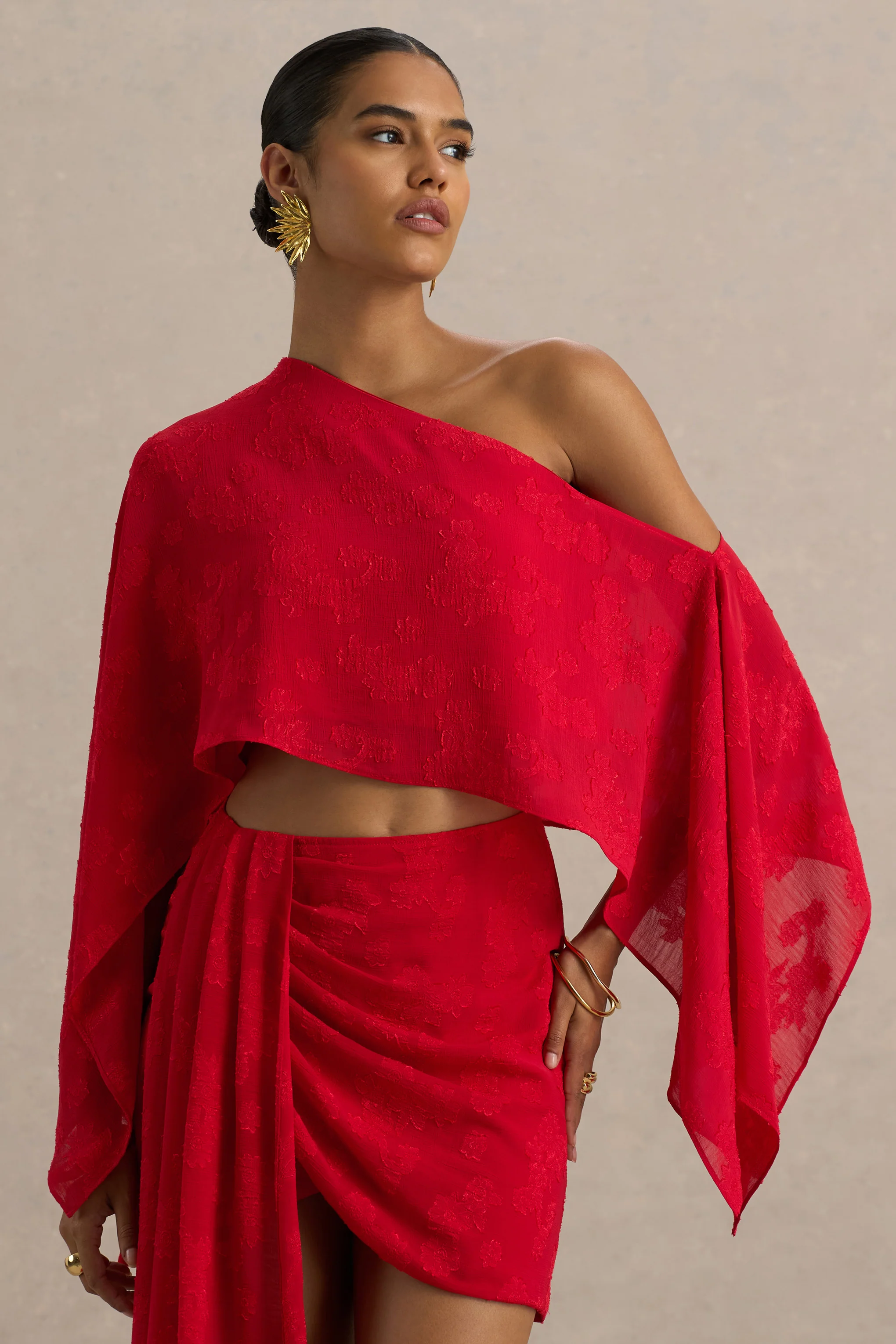 Aruba | Red Satin Devore Asymmetric Long-Sleeve Crop Top - Image 4