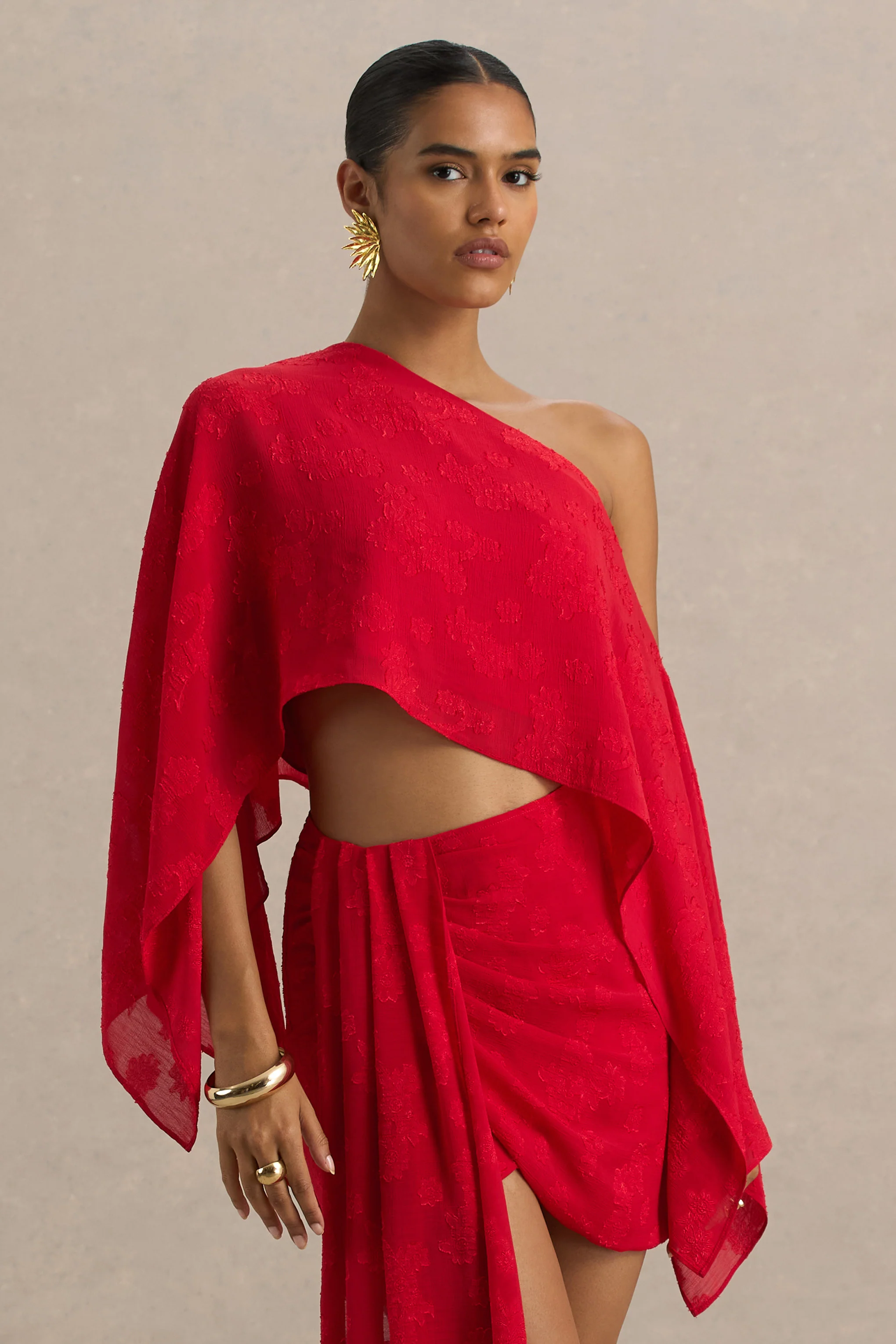 Aruba | Red Satin Devore Asymmetric Long-Sleeve Crop Top - Image 5