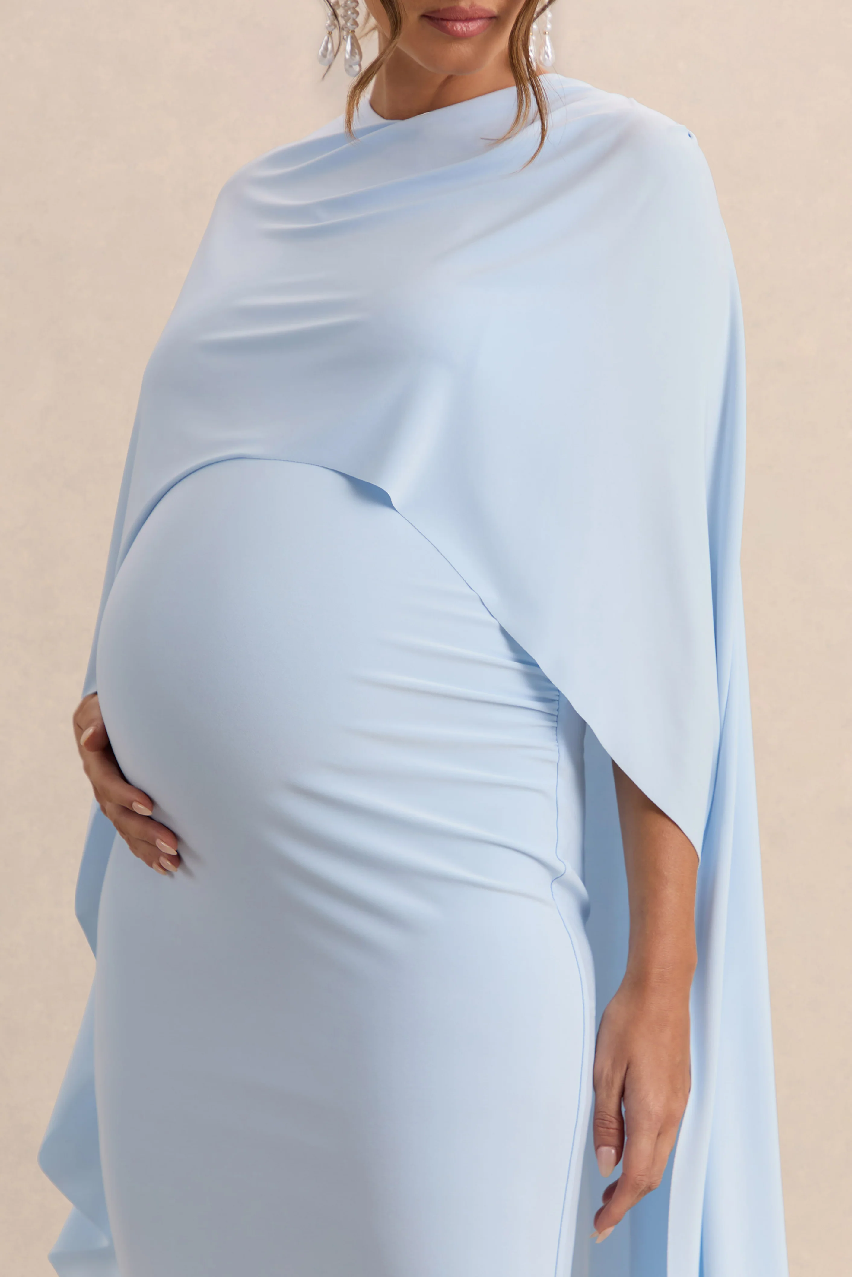 Arwen | Powder Blue Round-Neck Maternity Midi Dress With Cape Detail - Image 7