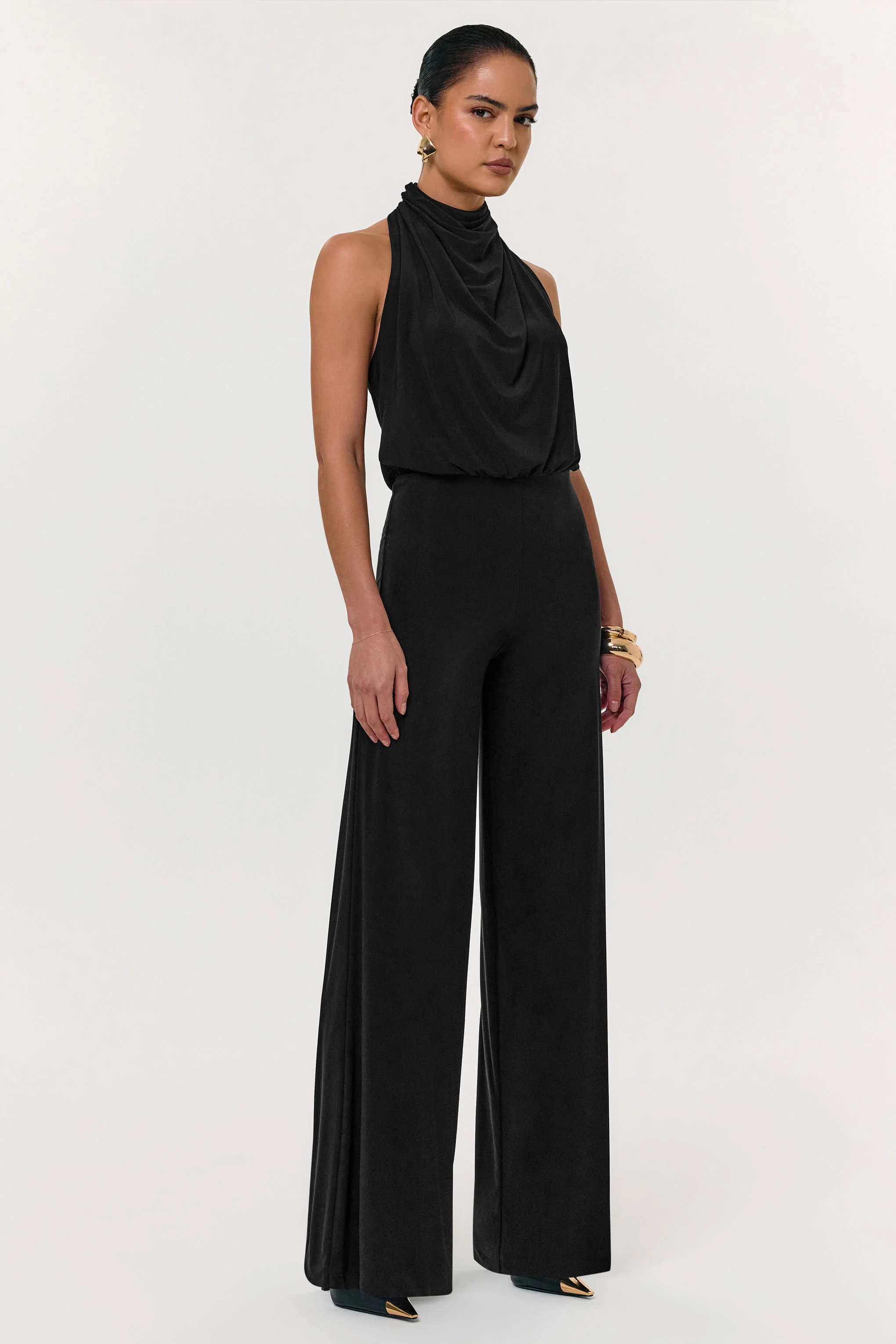 Asha | Black High-Neck Jumpsuit With Ruched Detail - Image 4