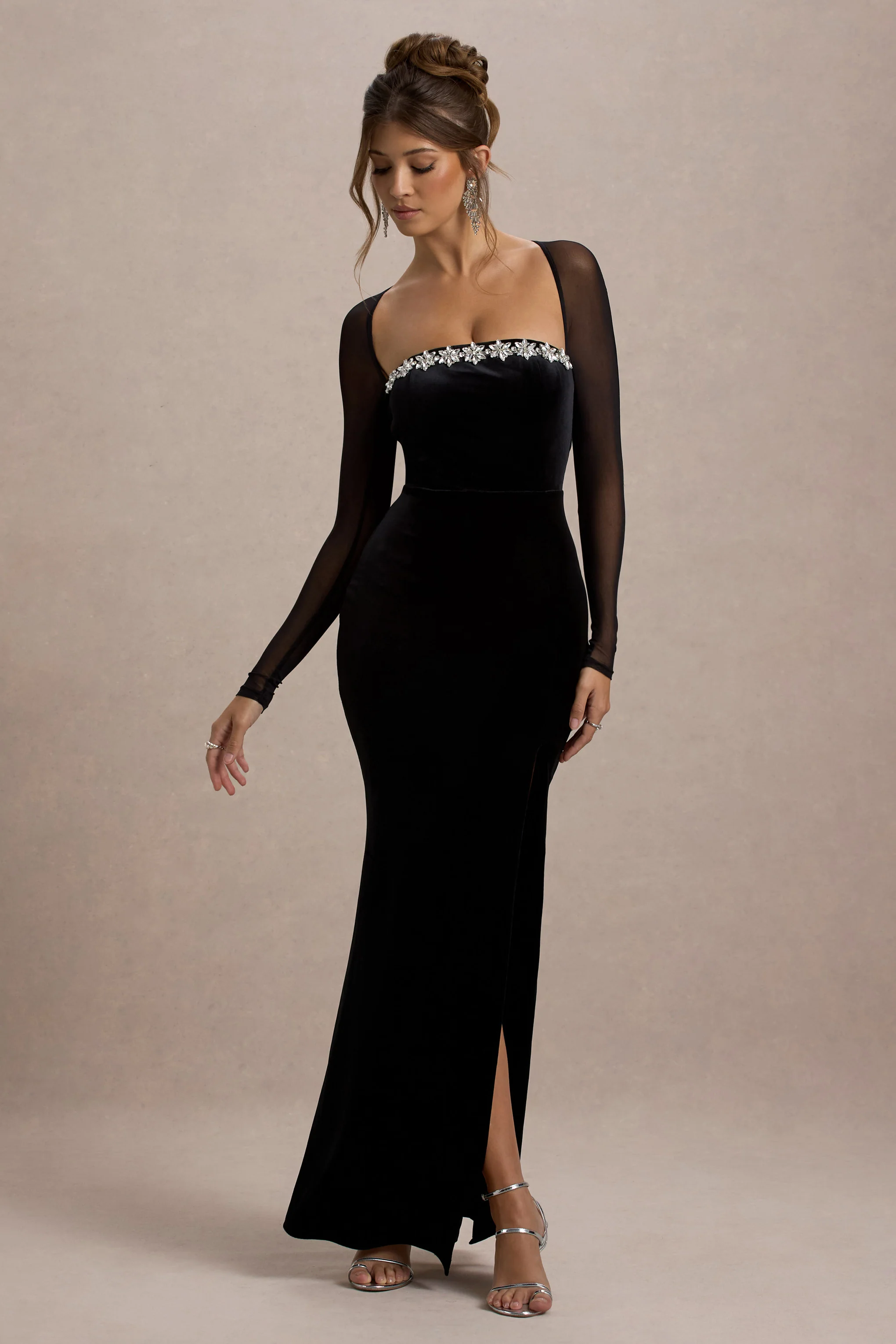 Ashby | Black Velvet Embellished Square-Neck Split Maxi Dress - Image 5