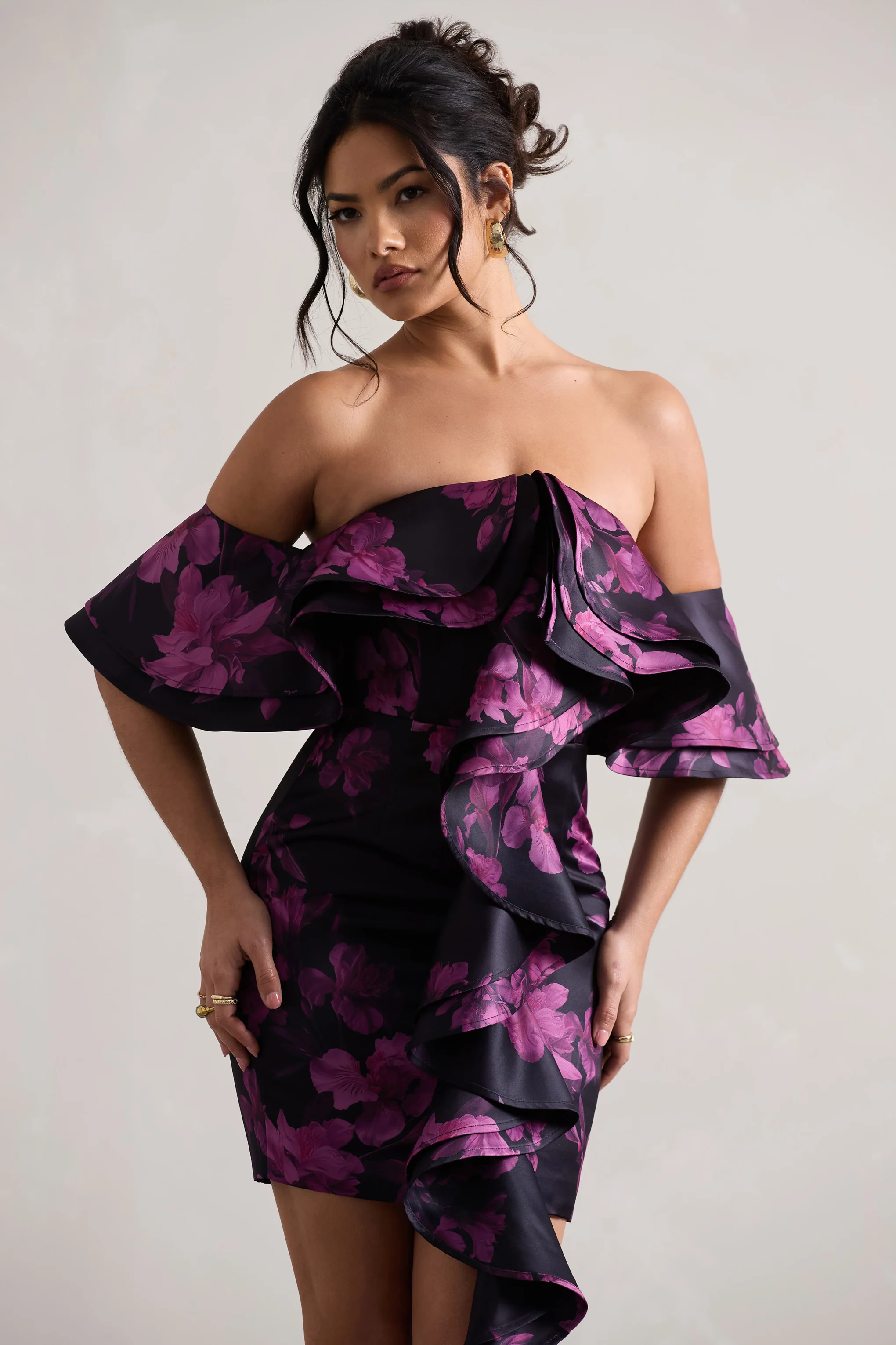 Aspen | Black Floral Print Bardot Mini Dress With Ruffles - Image 3