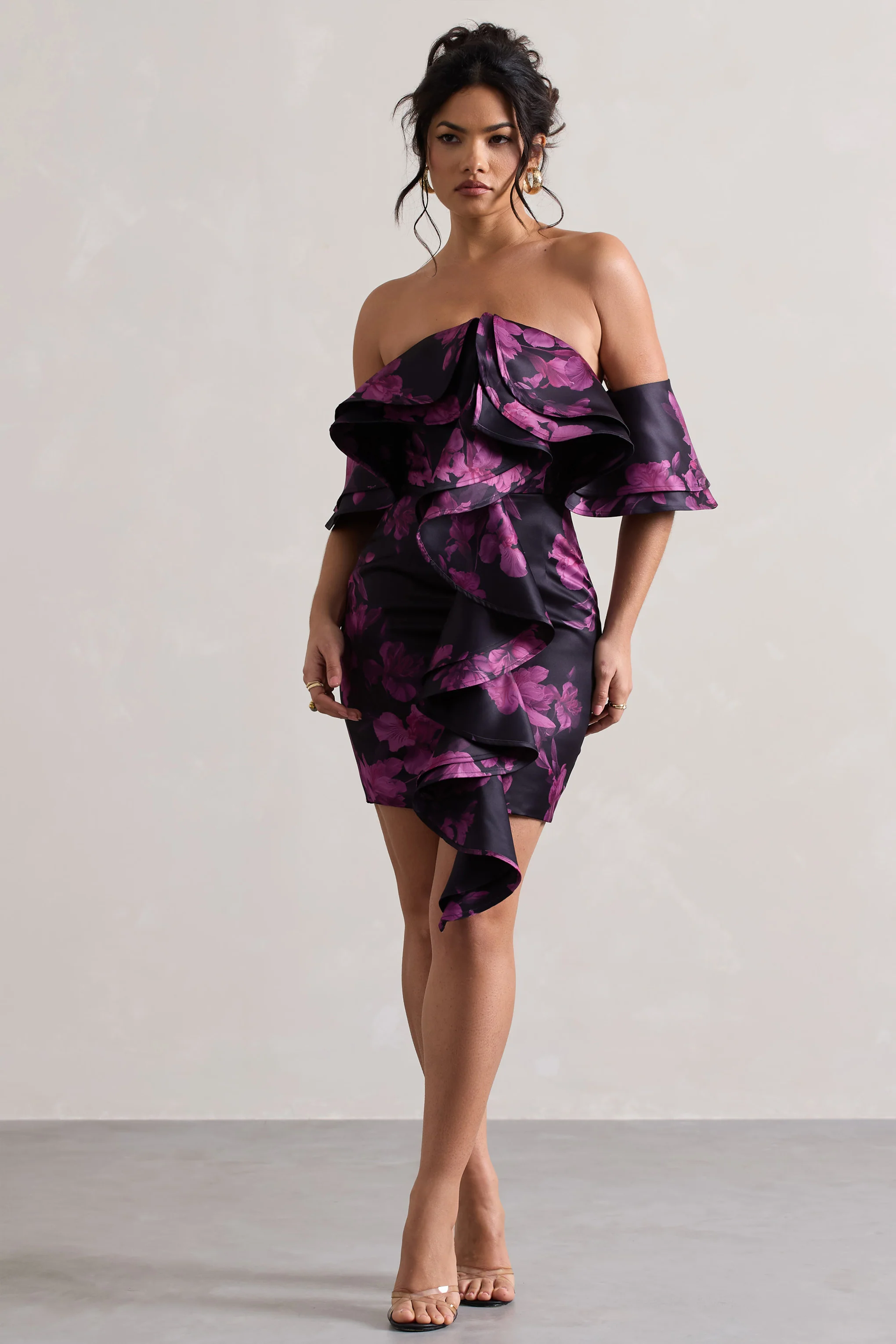 Aspen | Black Floral Print Bardot Mini Dress With Ruffles - Image 4