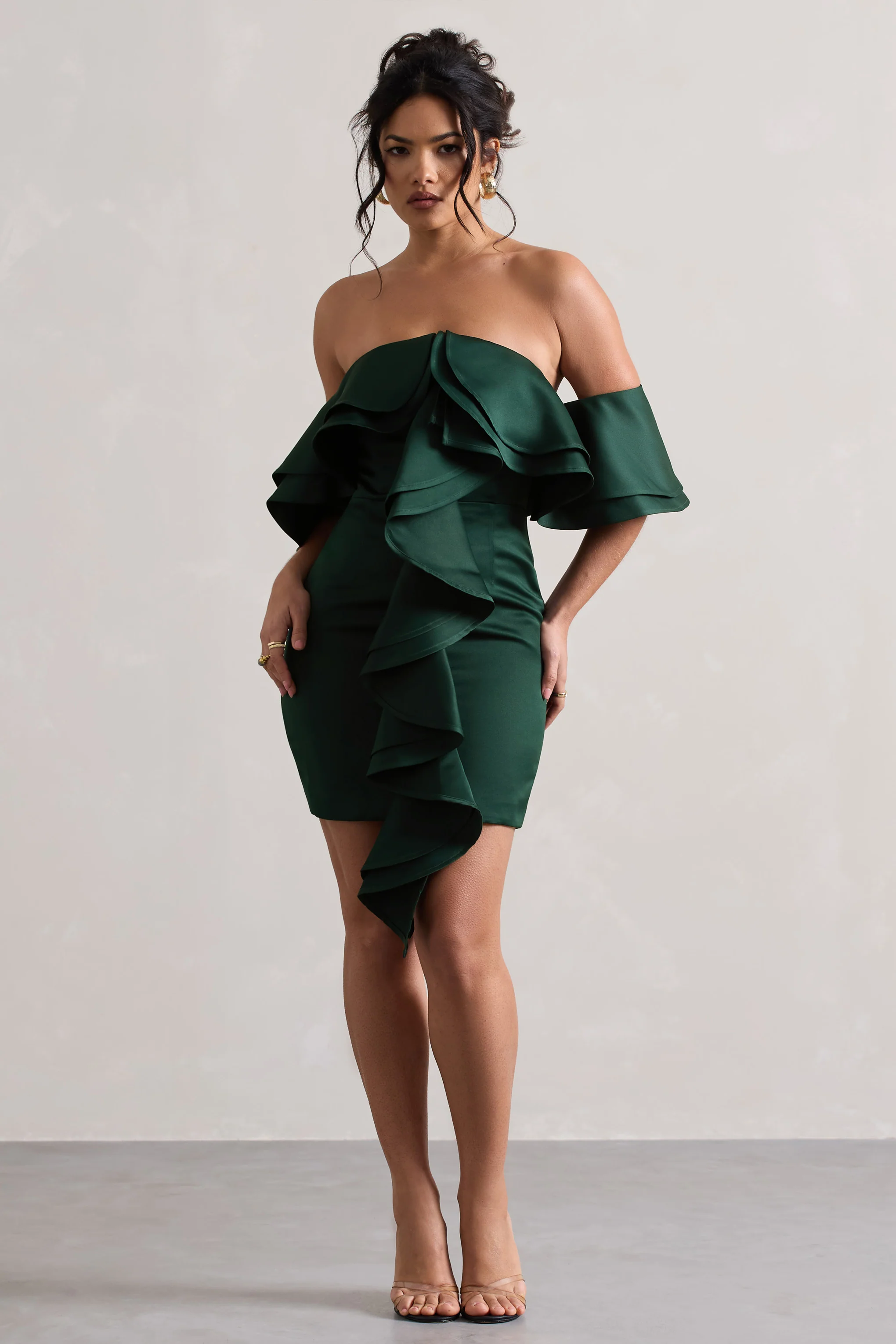 Aspen | Bottle Green Bardot Mini Dress With Ruffles - Image 3