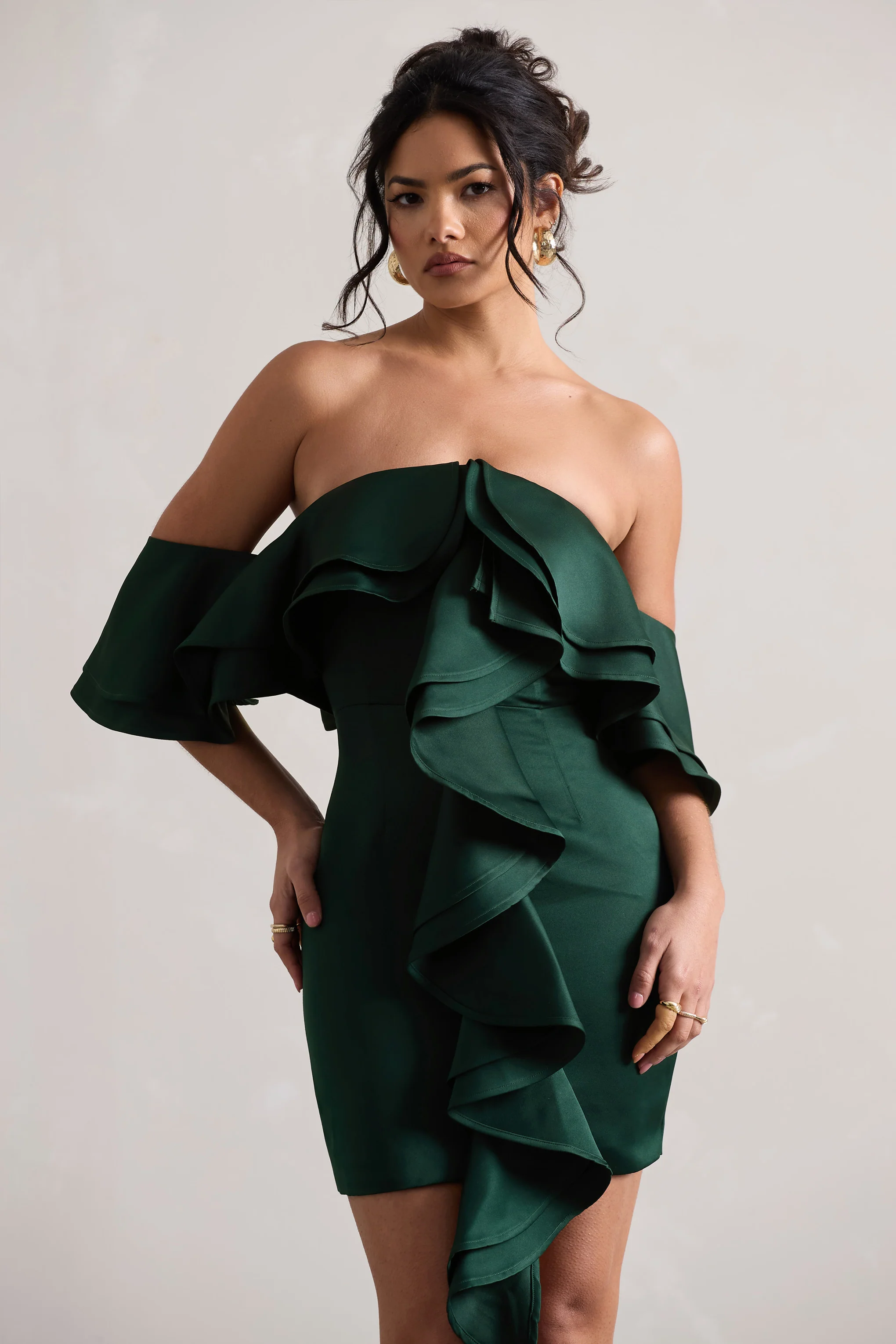 Aspen | Bottle Green Bardot Mini Dress With Ruffles - Image 4