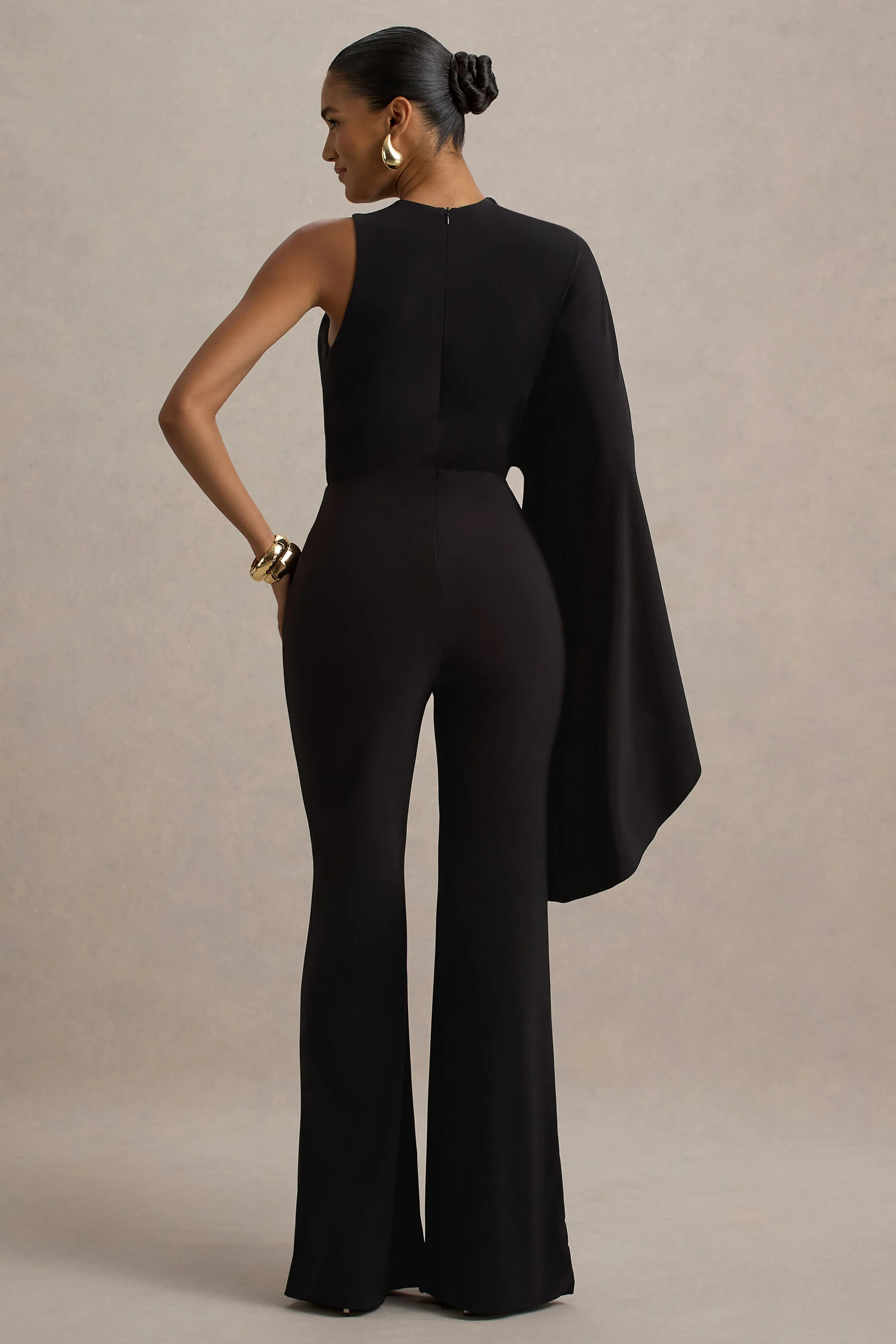 Asra | Black High-Neck Flared-Leg Jumpsuit With Cape Sleeve - Image 2