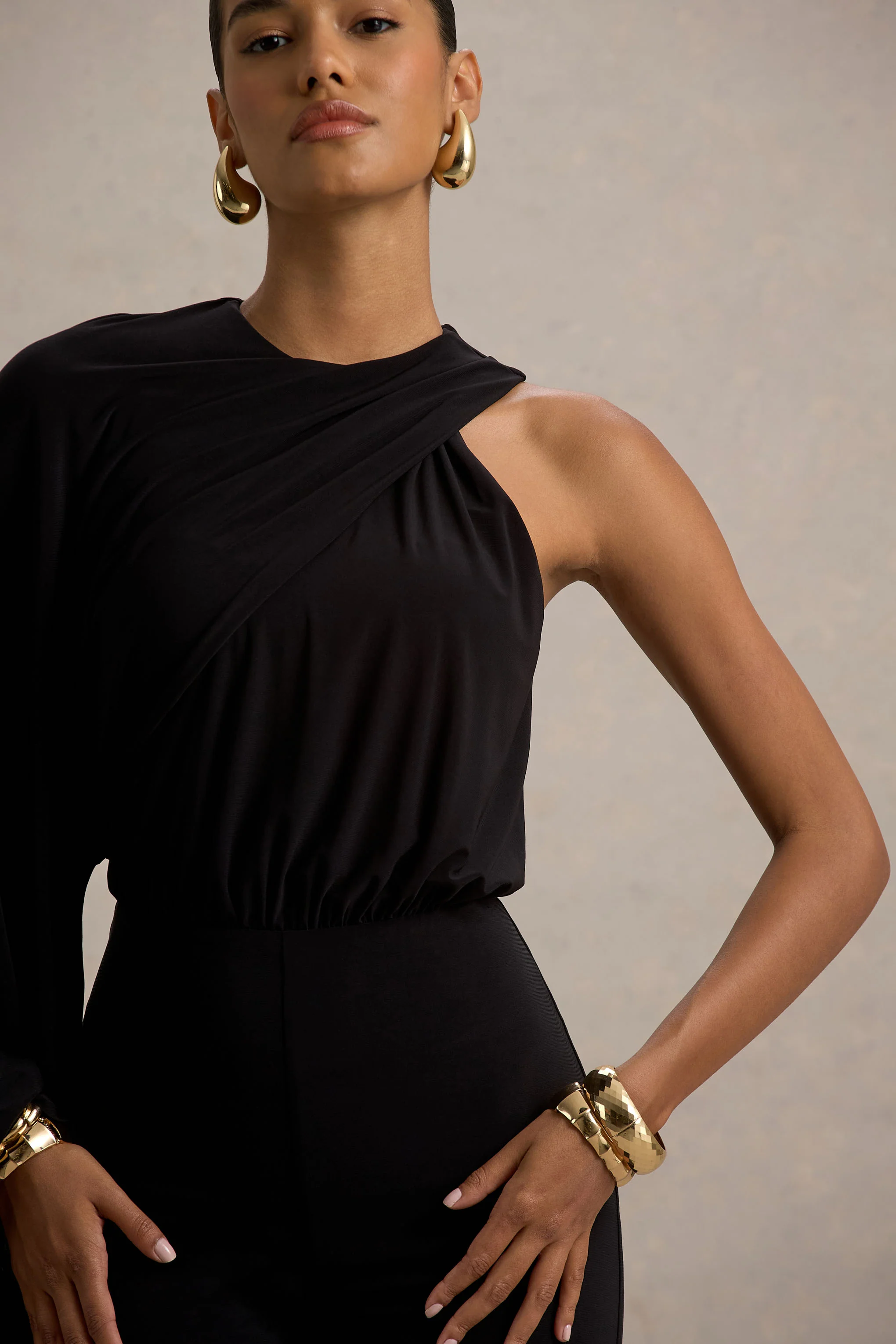 Asra | Black High-Neck Flared-Leg Jumpsuit With Cape Sleeve - Image 6