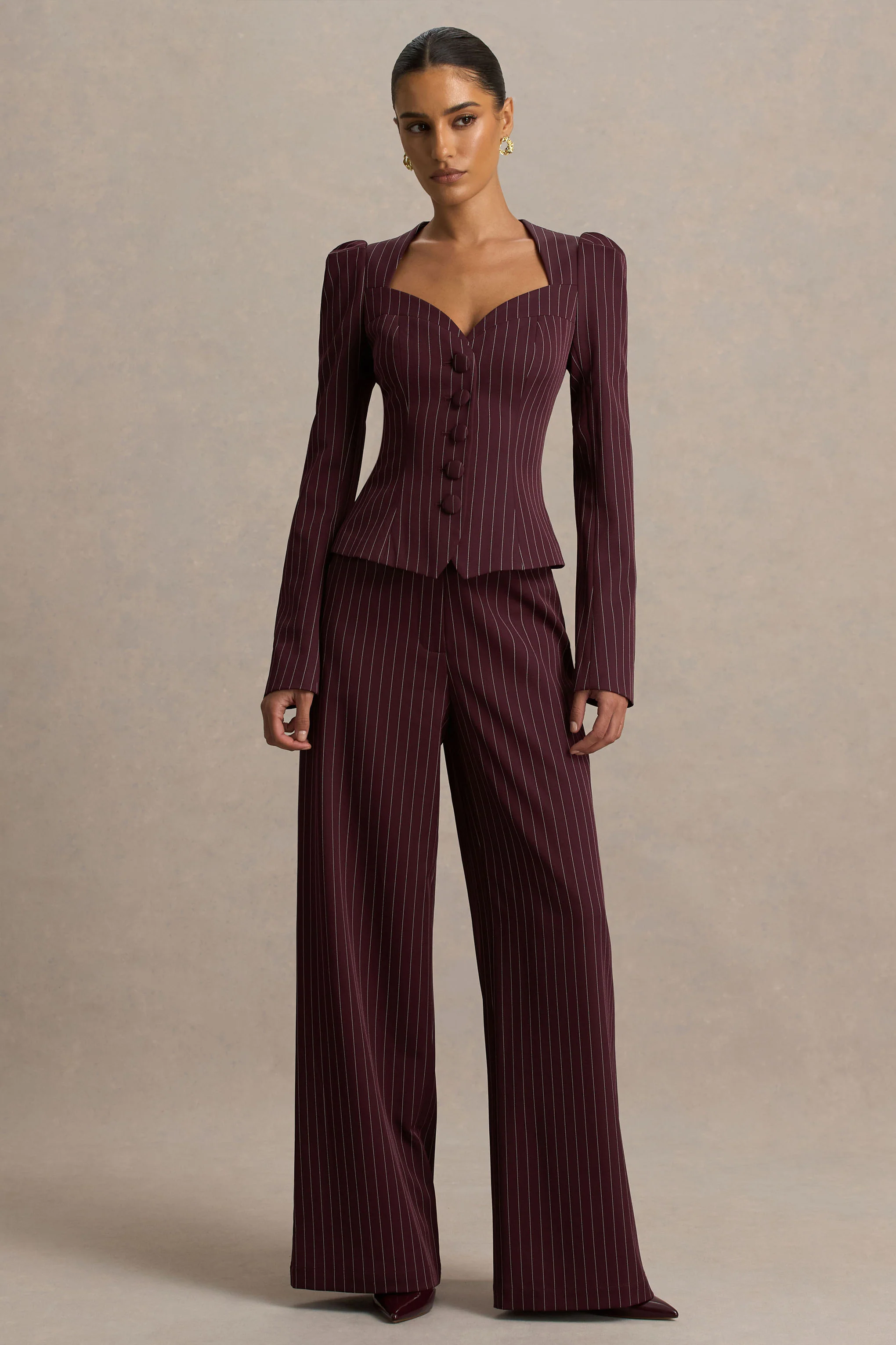 Asteria | Burgundy Pinstripe Wide-Leg Trousers - Image 5