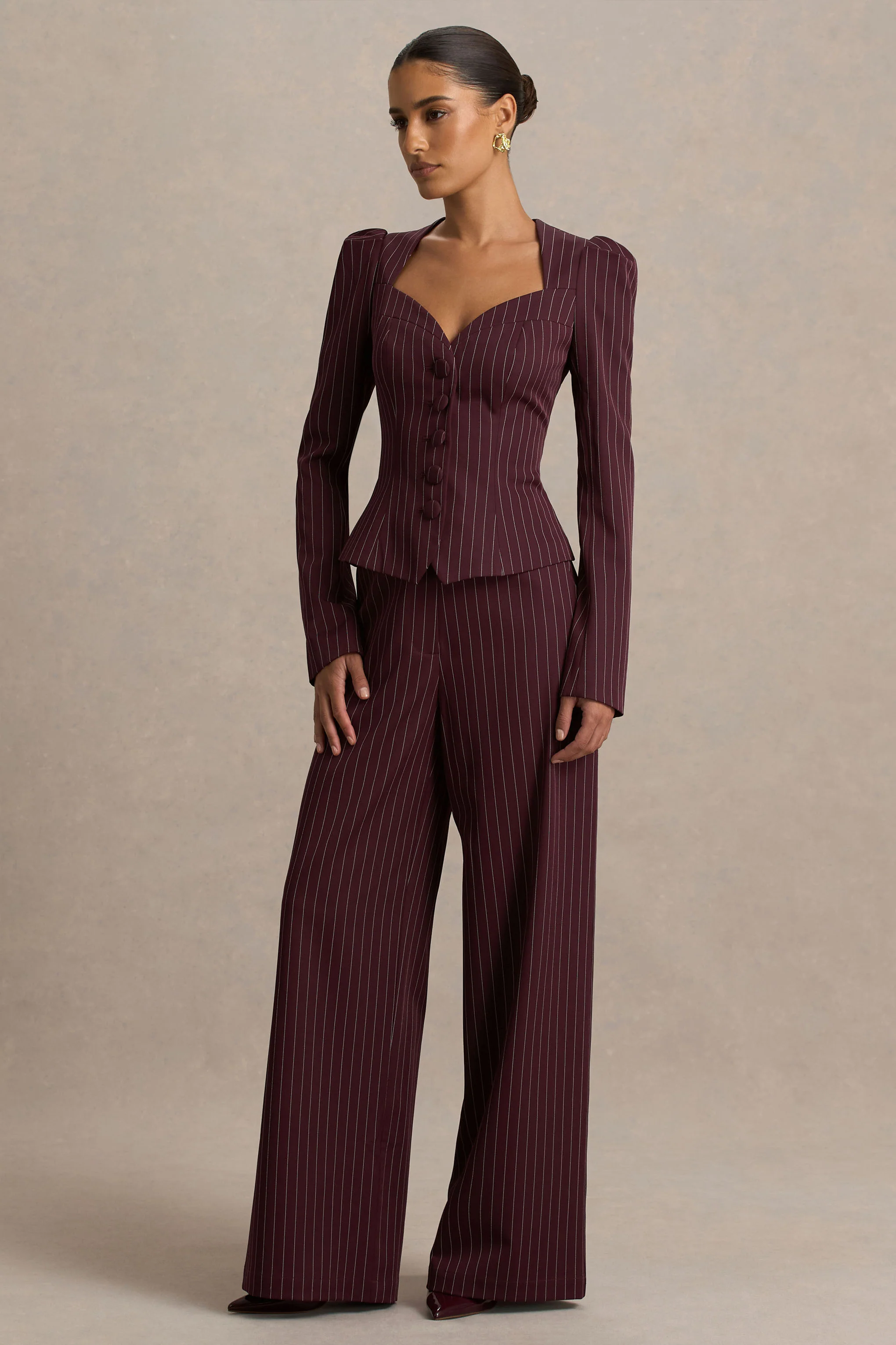 Asteria | Burgundy Pinstripe Wide-Leg Trousers - Image 6