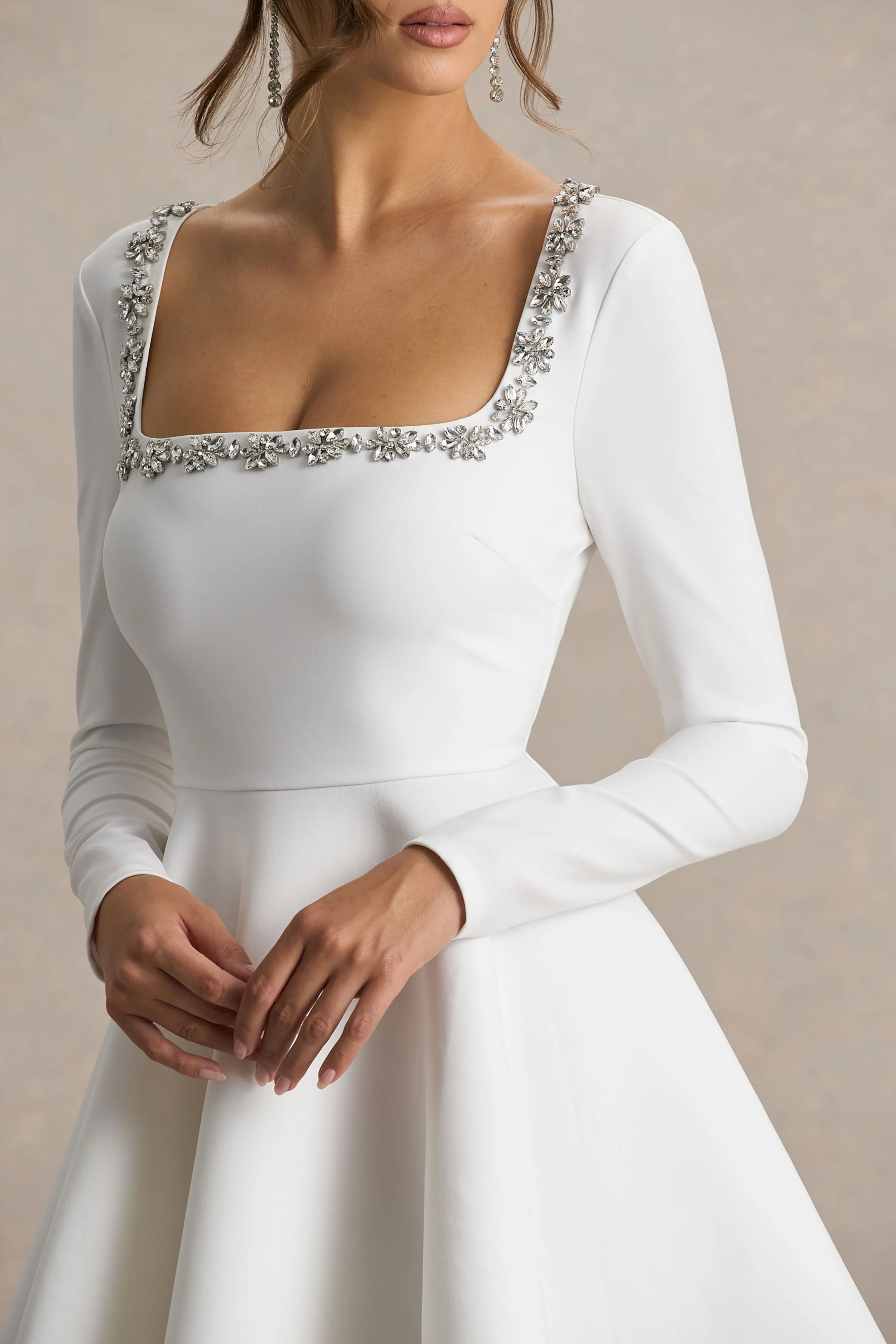 Astonish | White Long-Sleeve Embellished Square-Neck Mini Dress With Volume Skirt - Image 3