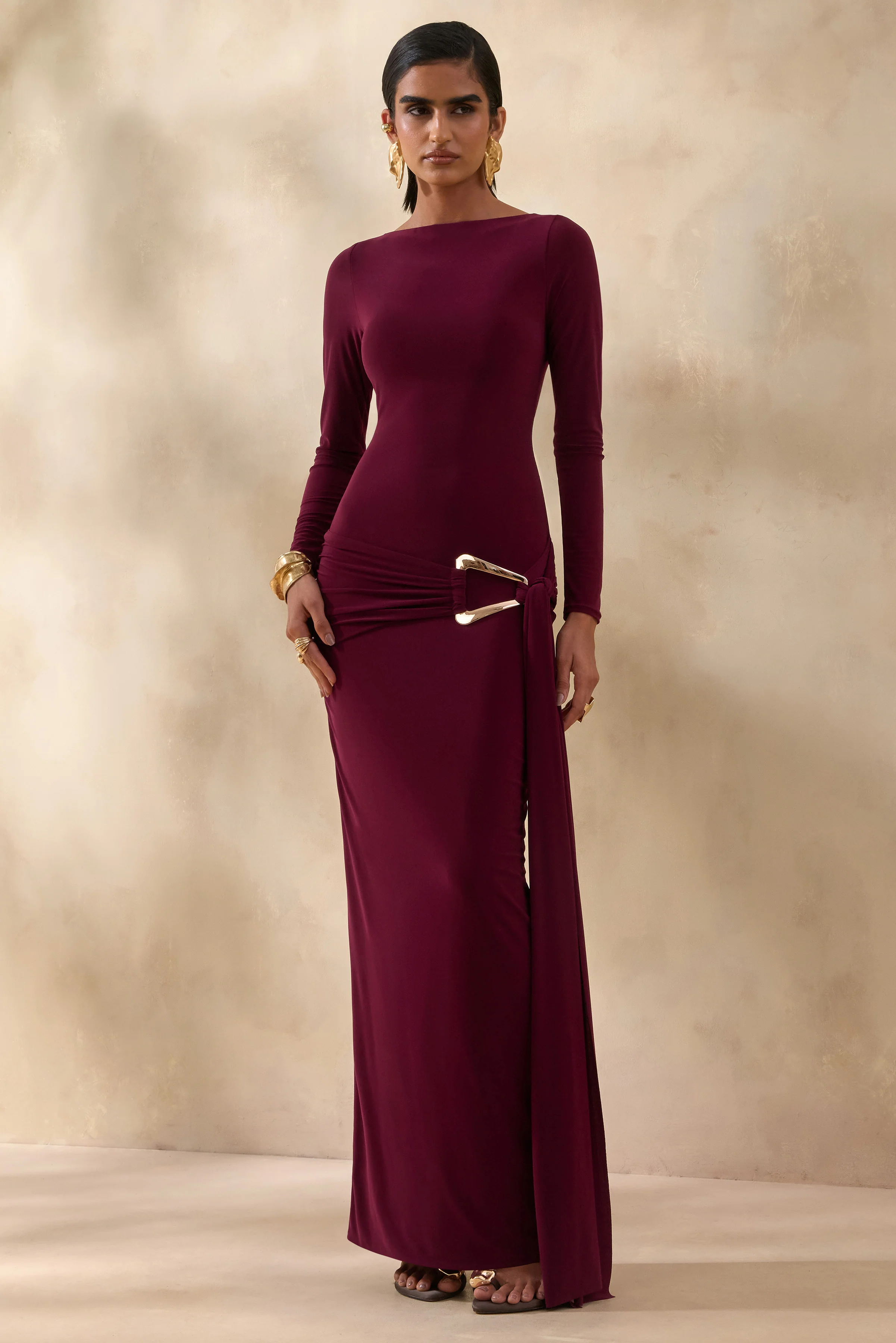 Astrielle | Burgundy Wide-Neck With Gold-Detail And Sash - Image 4
