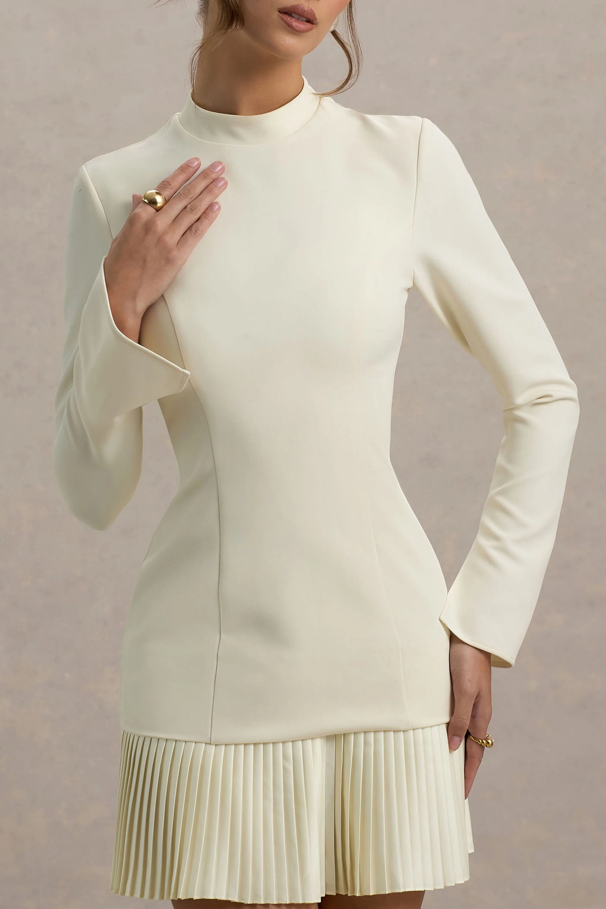 Athena | Cream Long-Sleeve Mini Dress With Pleated Hem - Image 4
