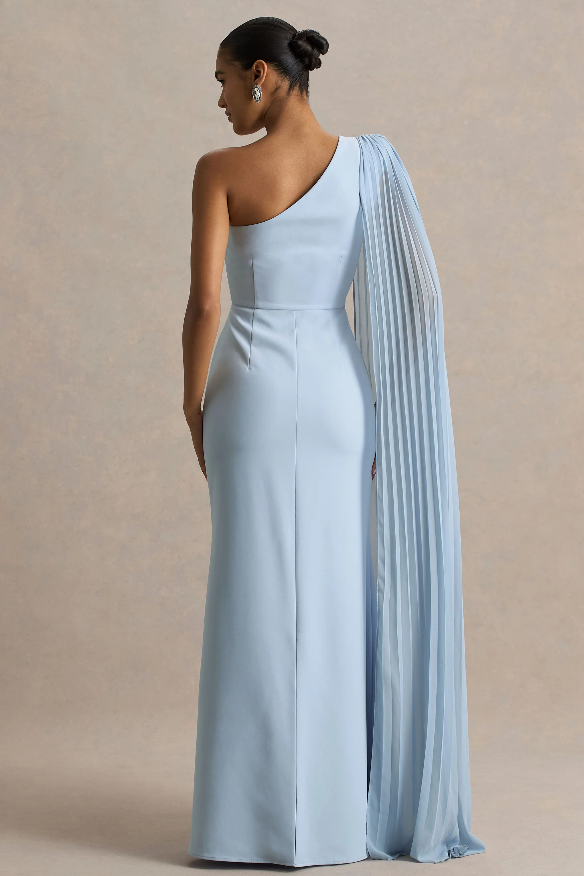 Athens | Powder Blue Asymmetric-Neck Maxi Dress With Cape Sleeve Detail - Image 2