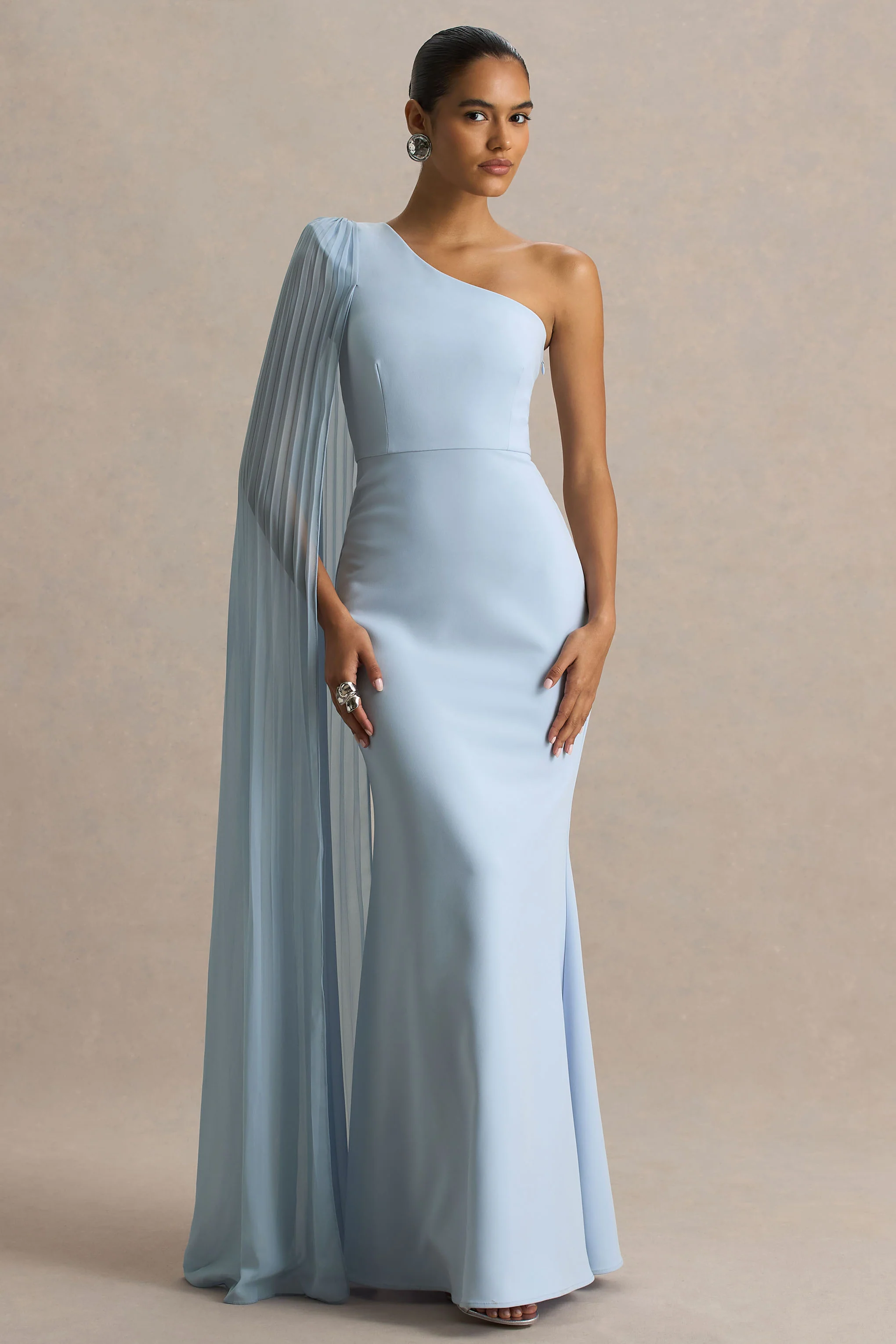 Athens | Powder Blue Asymmetric-Neck Maxi Dress With Cape Sleeve Detail - Image 3