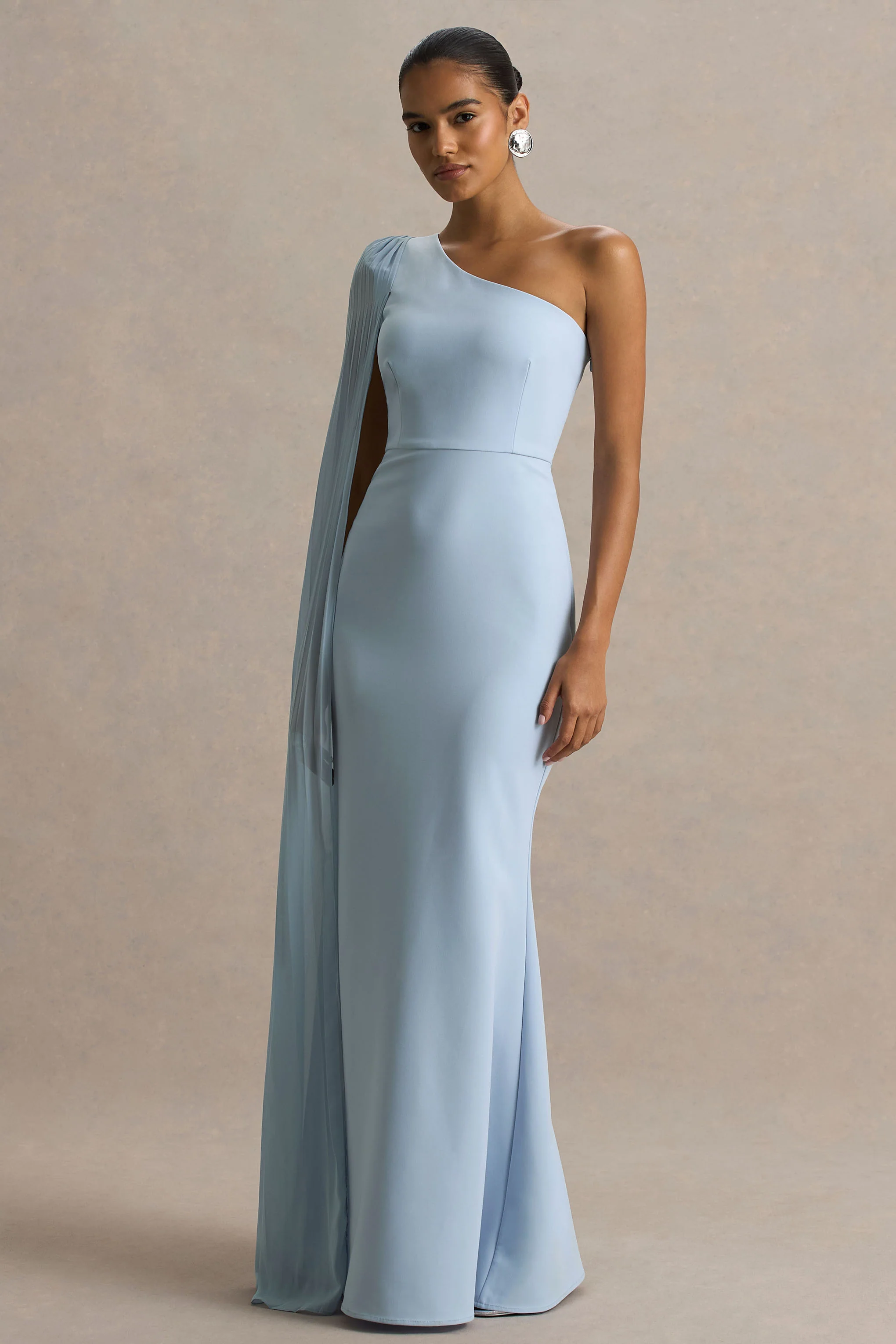 Athens | Powder Blue Asymmetric-Neck Maxi Dress With Cape Sleeve Detail - Image 4