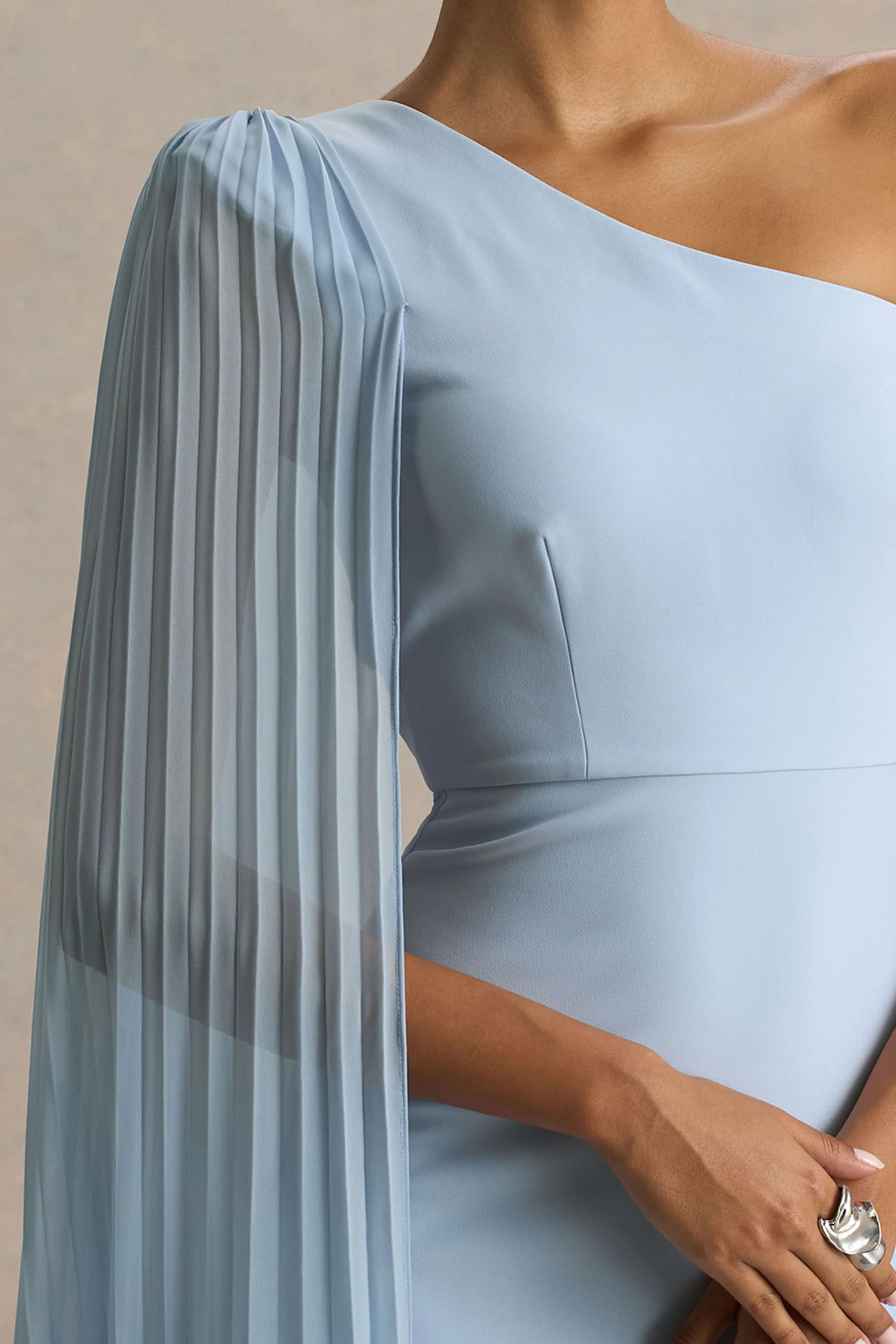 Athens | Powder Blue Asymmetric-Neck Maxi Dress With Cape Sleeve Detail - Image 5
