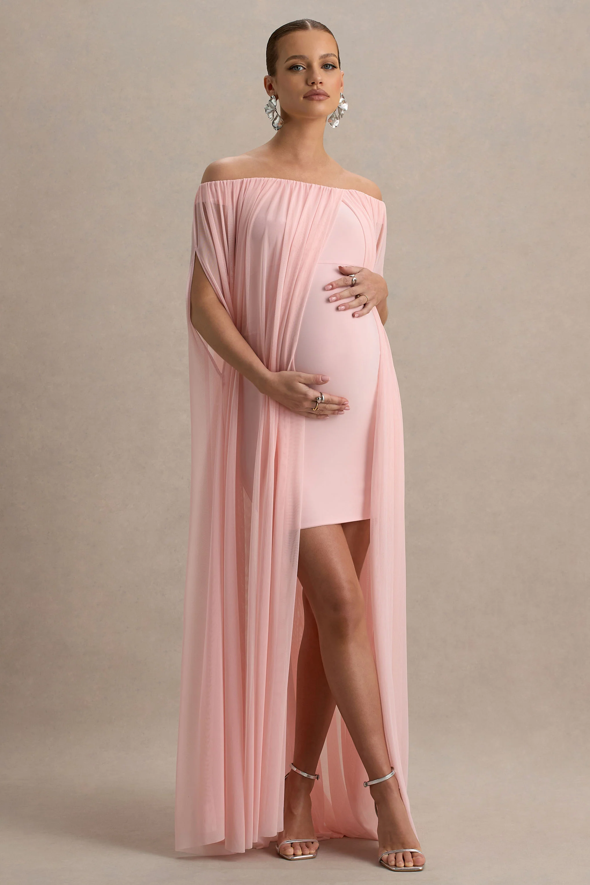 Atmosphere | Pink Bandeau Maternity Mini Dress With Mesh Overlay - Image 5