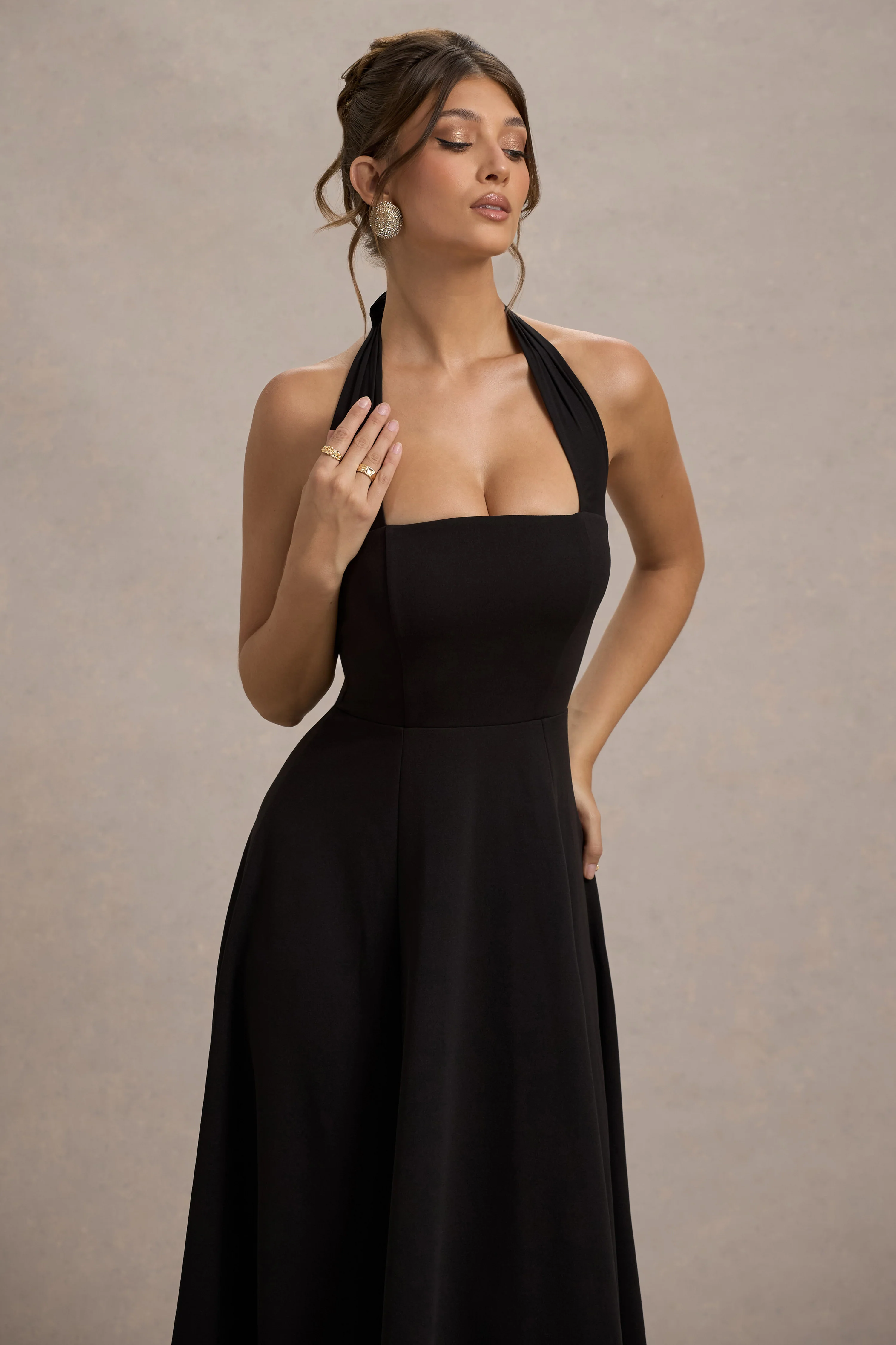 Auburn | Black Halter Skater Midi Dress - Image 3