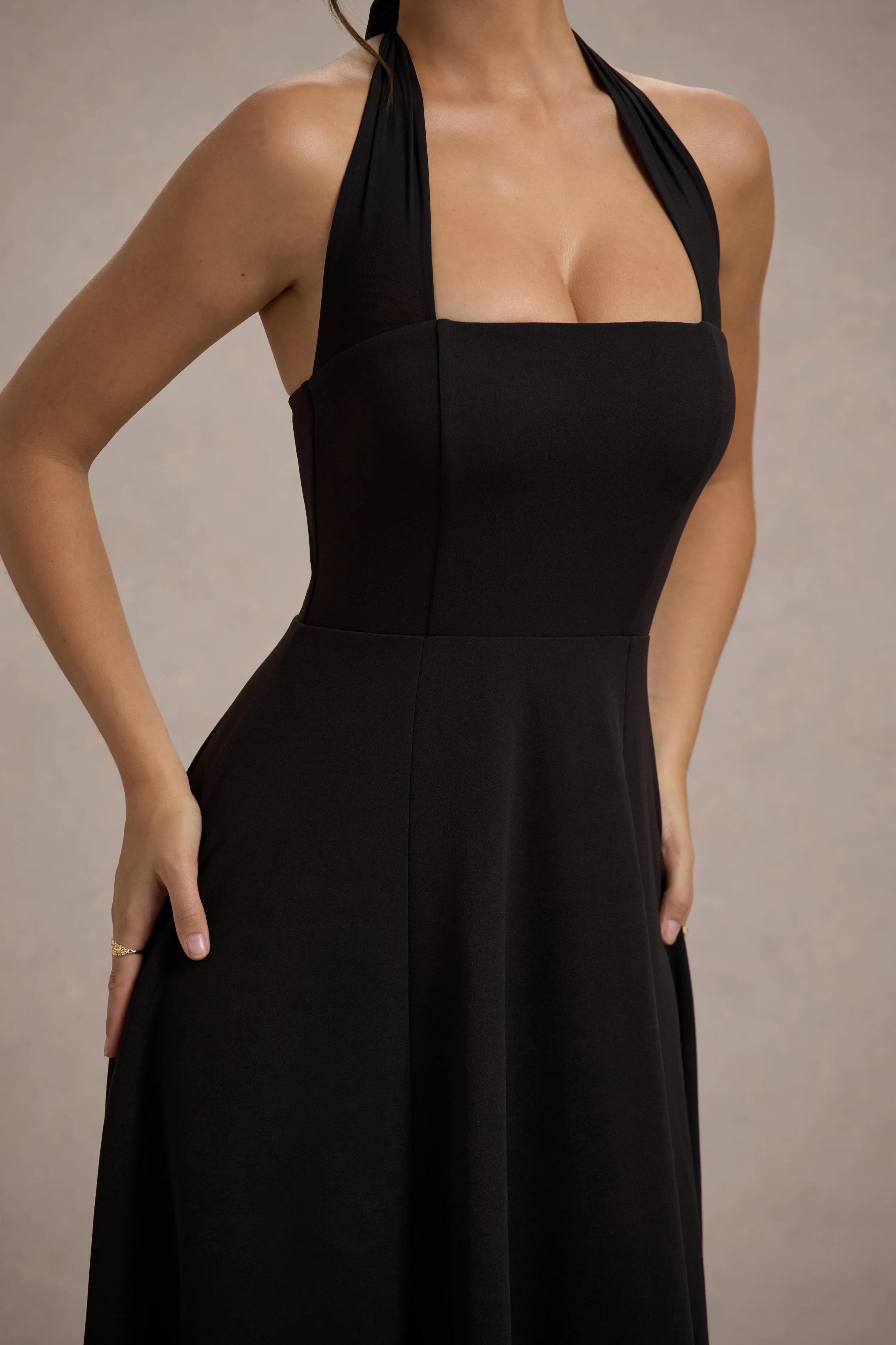 Auburn | Black Halter Skater Midi Dress - Image 4