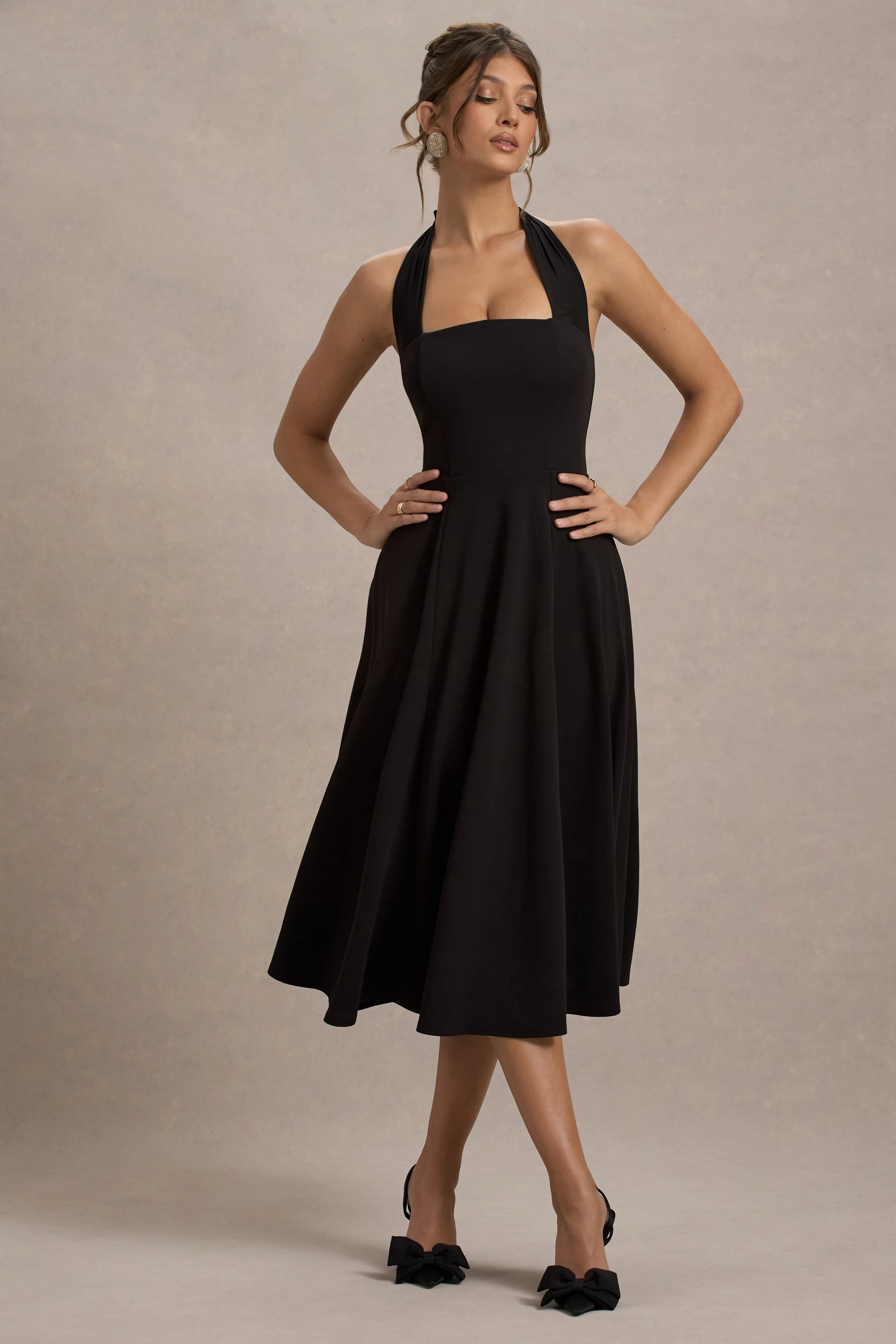 Auburn | Black Halter Skater Midi Dress - Image 5