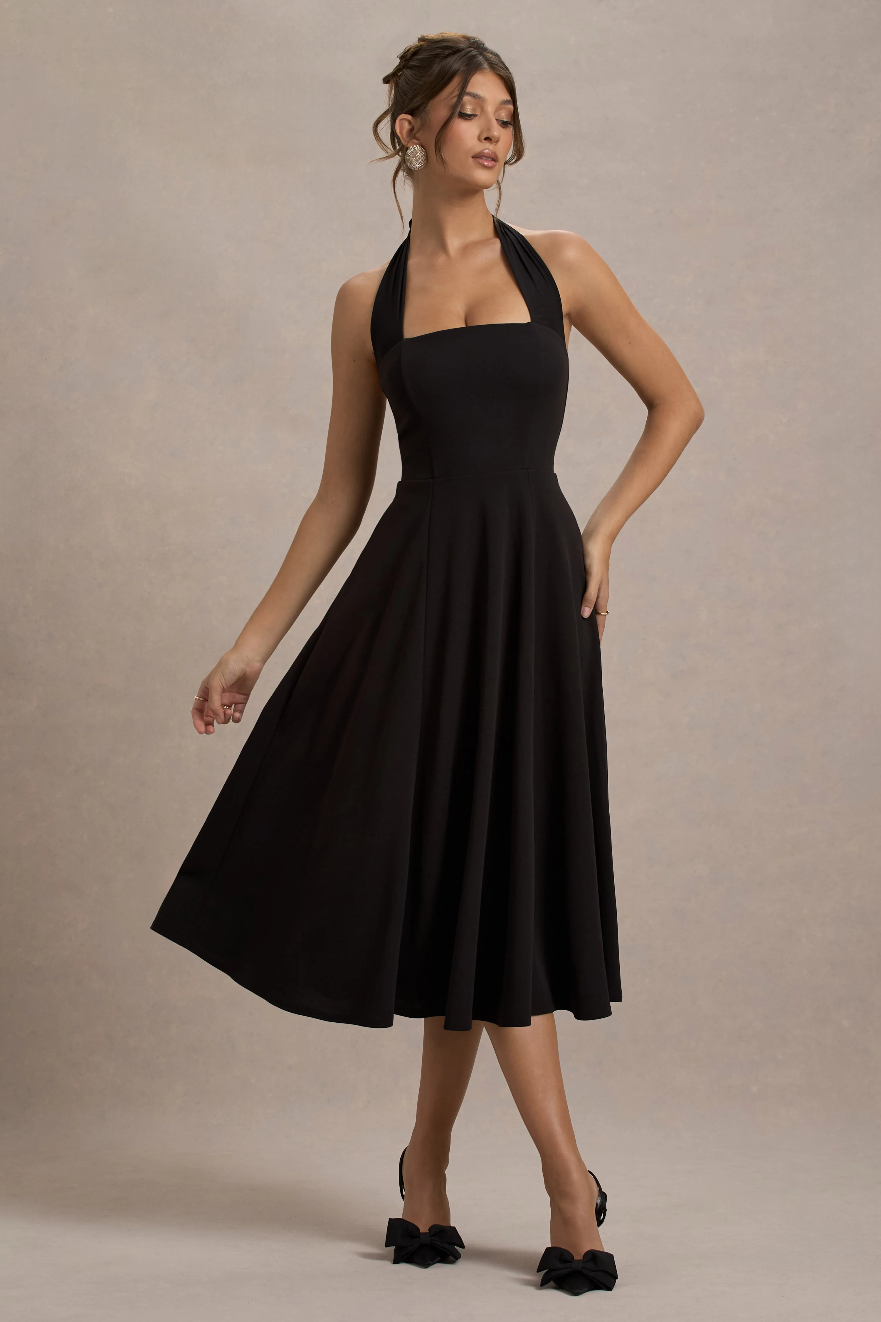 Auburn | Black Halter Skater Midi Dress - Image 7