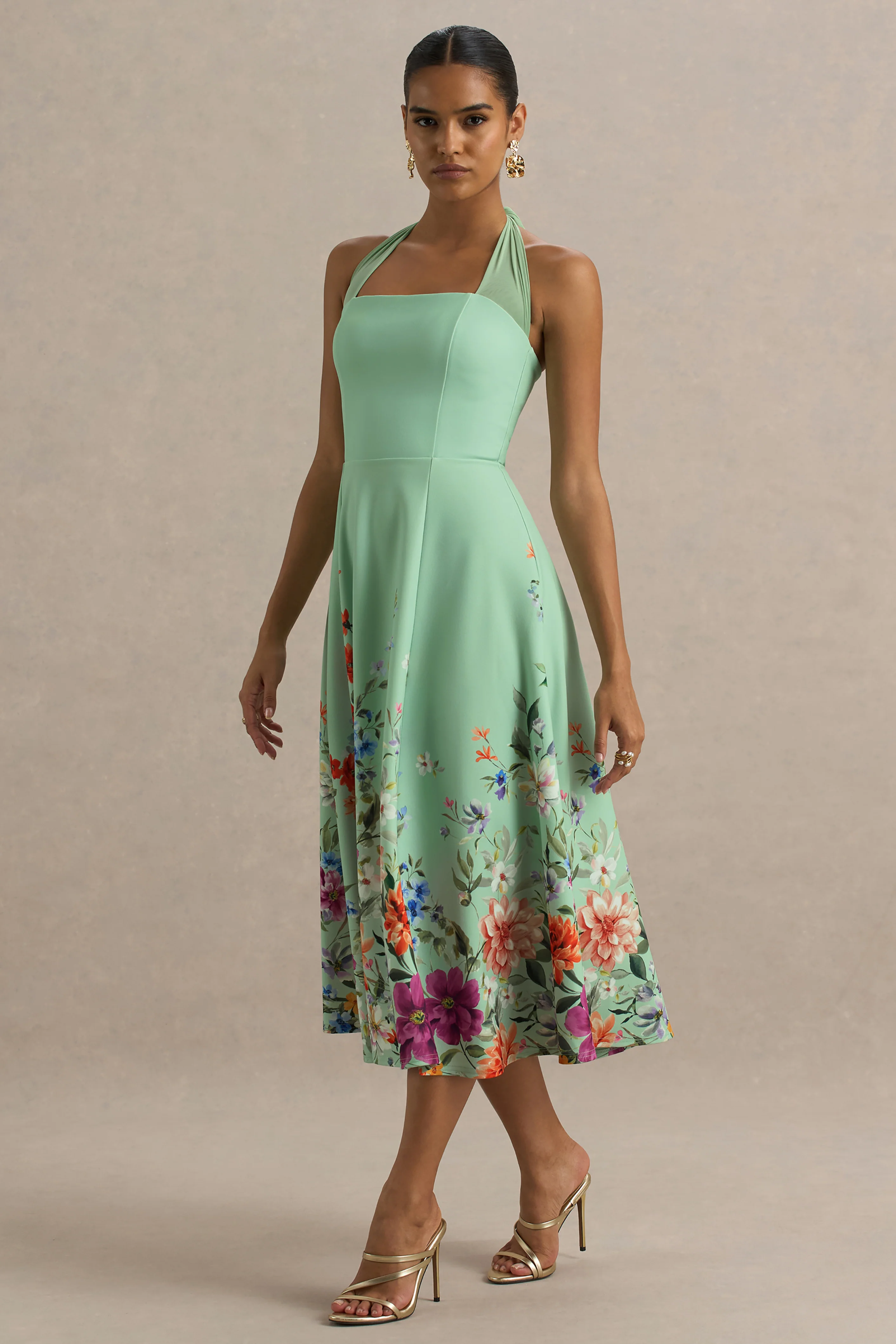 Auburn | Mint Placement Floral Halter-Neck Midi Dress - Image 4