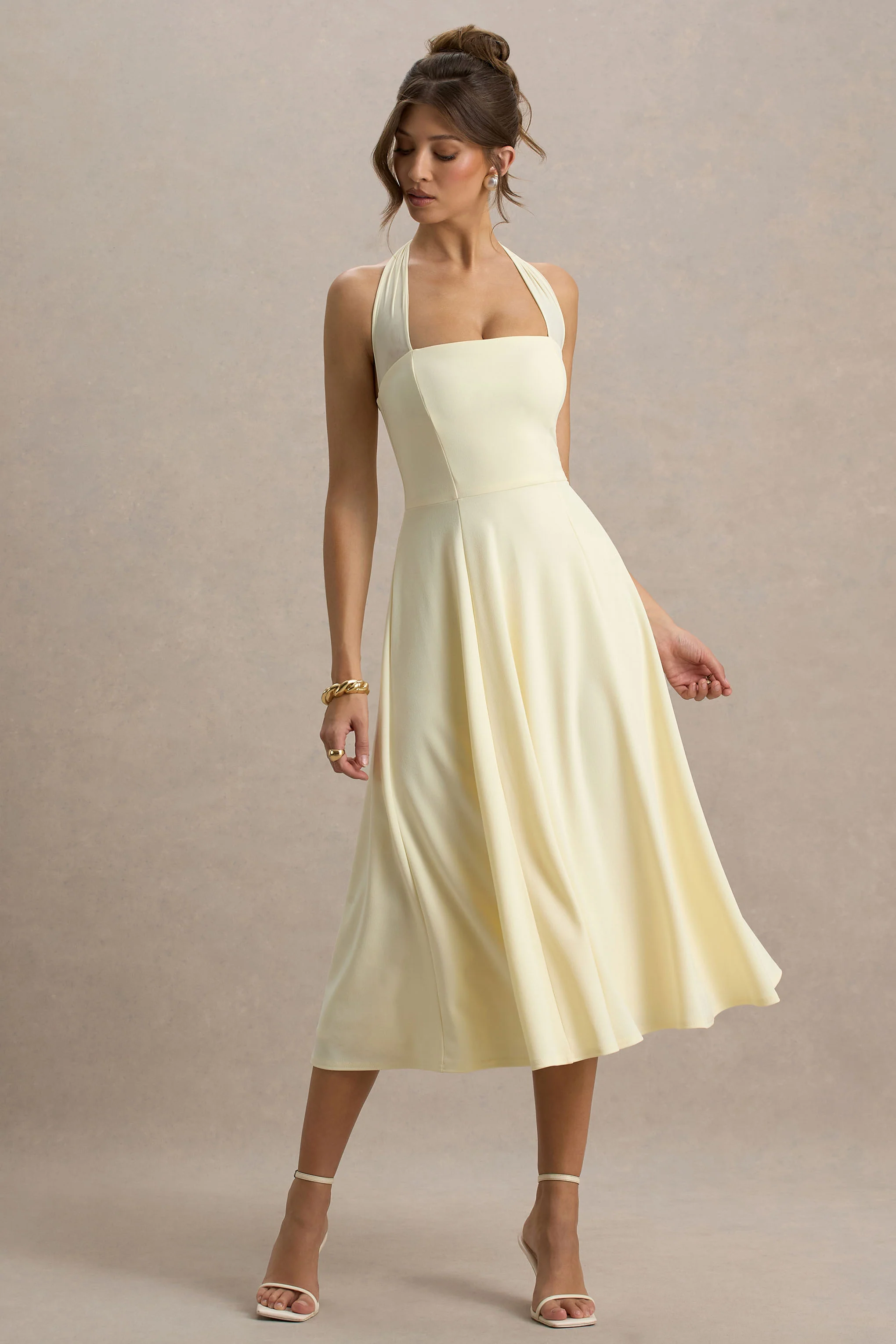 Auburn | Pale Lemon Halter-Neck Midi Dress - Image 5
