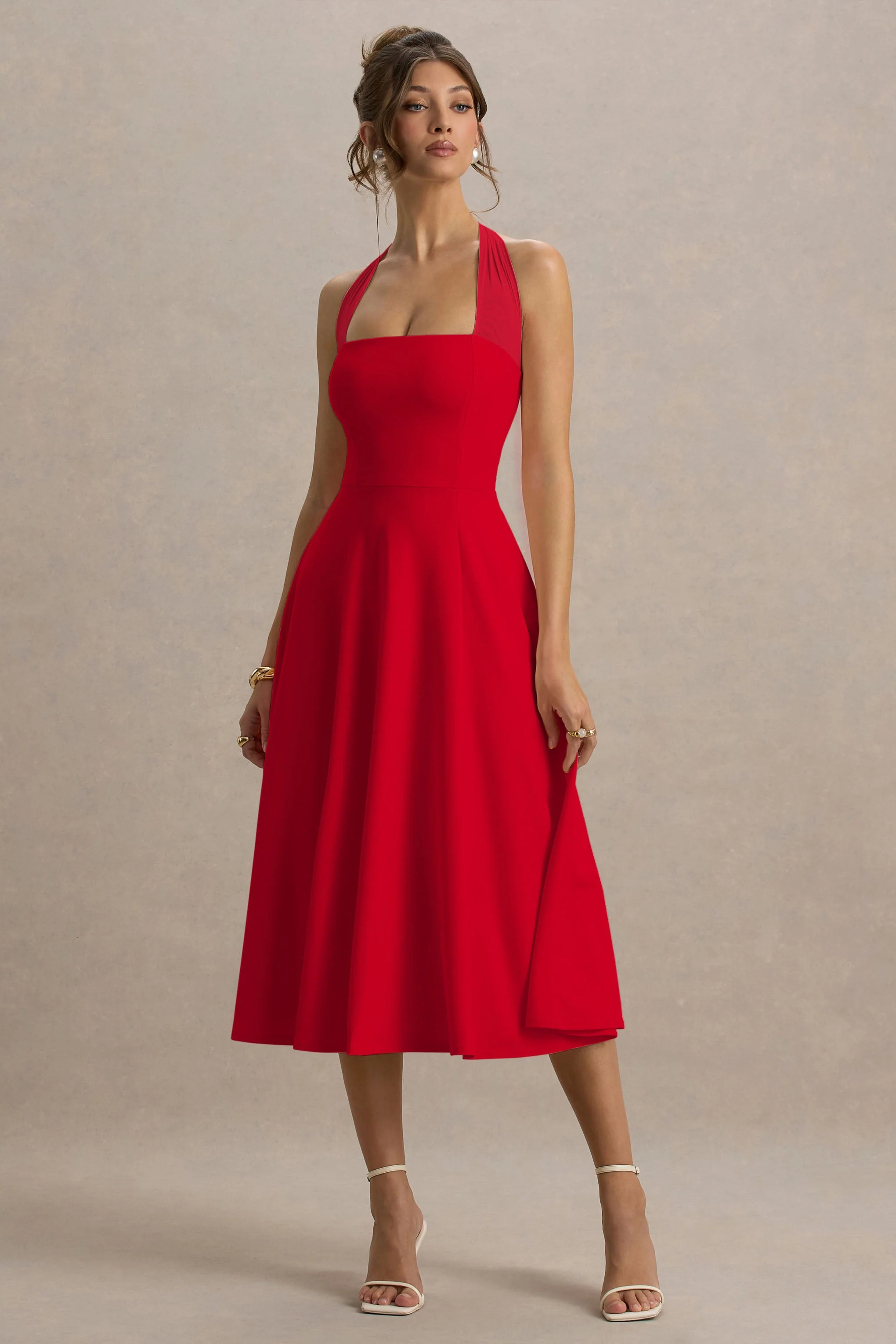 Auburn | Red Halter Skater Midi Dress - Image 4