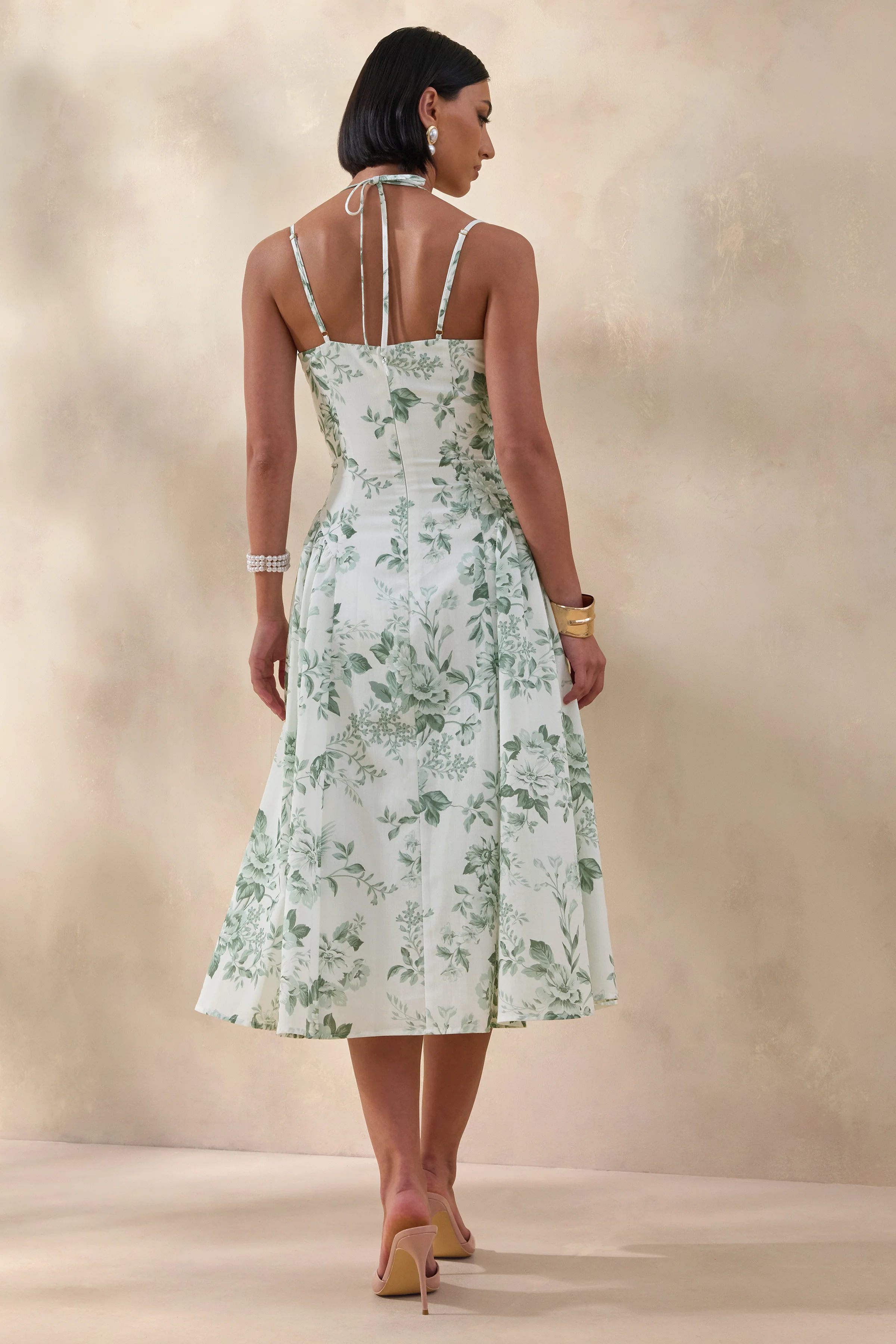 Audrey | Green Floral Print Sweetheart-Neck Midi Dress With Ruching Detail - Image 2