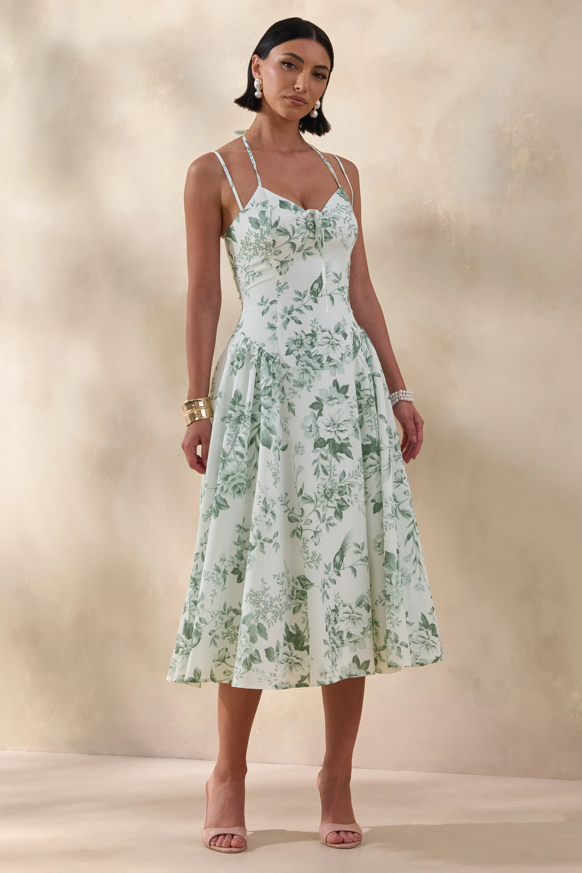 Audrey | Green Floral Print Sweetheart-Neck Midi Dress With Ruching Detail - Image 4