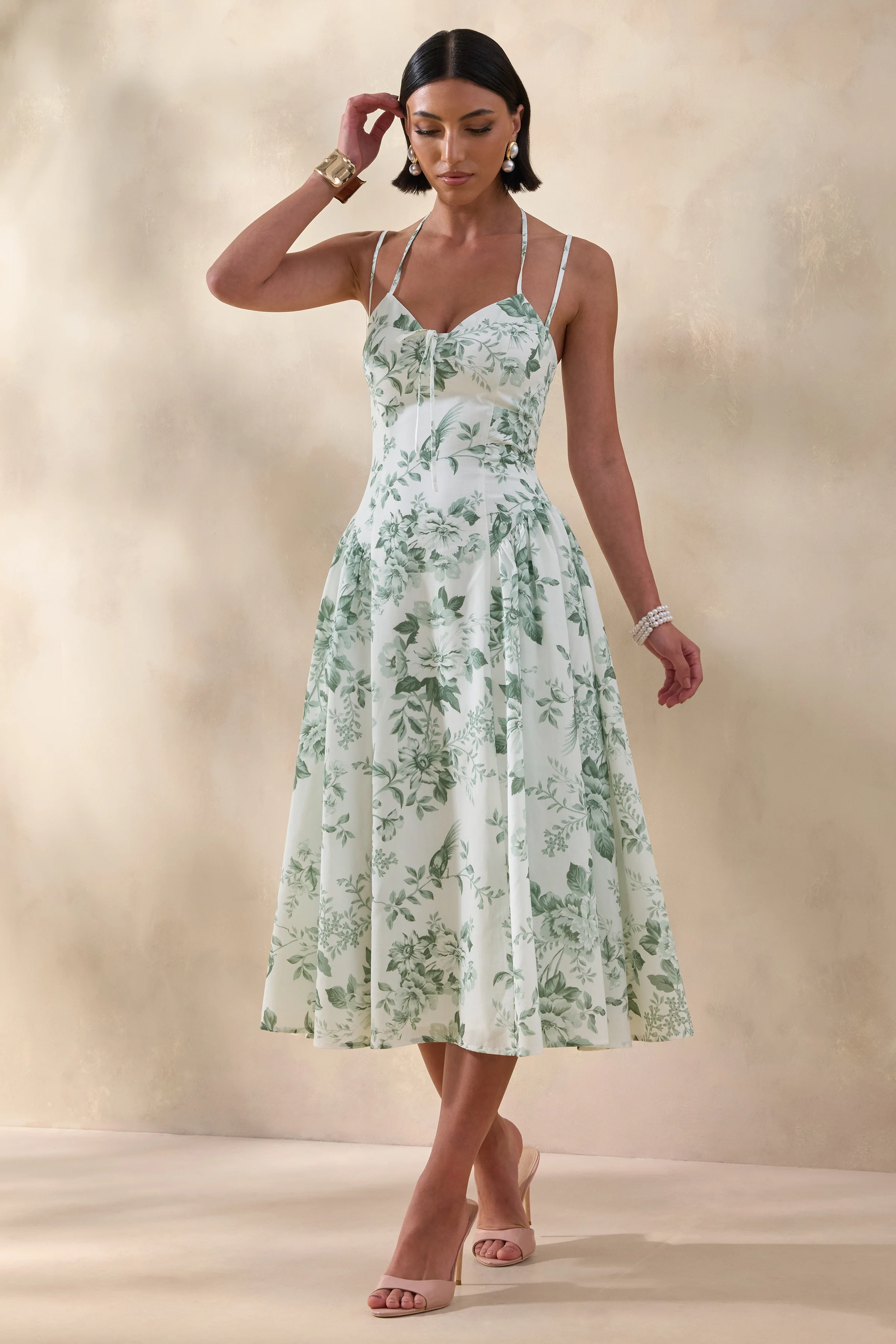 Audrey | Green Floral Print Sweetheart-Neck Midi Dress With Ruching Detail - Image 5