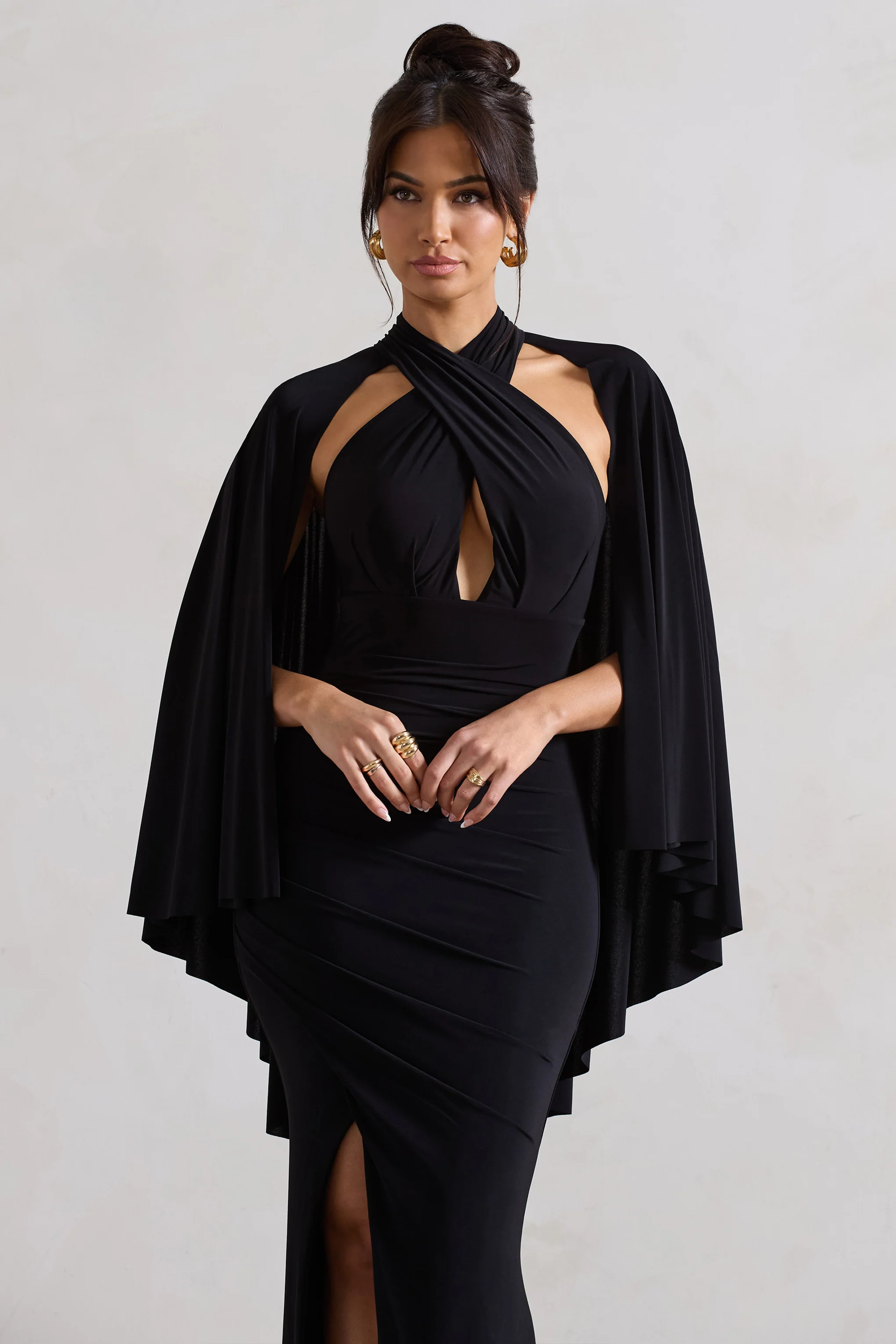 Audrina | Black Ruched Halter-Neck Split Maxi Dress With Cape - Image 3